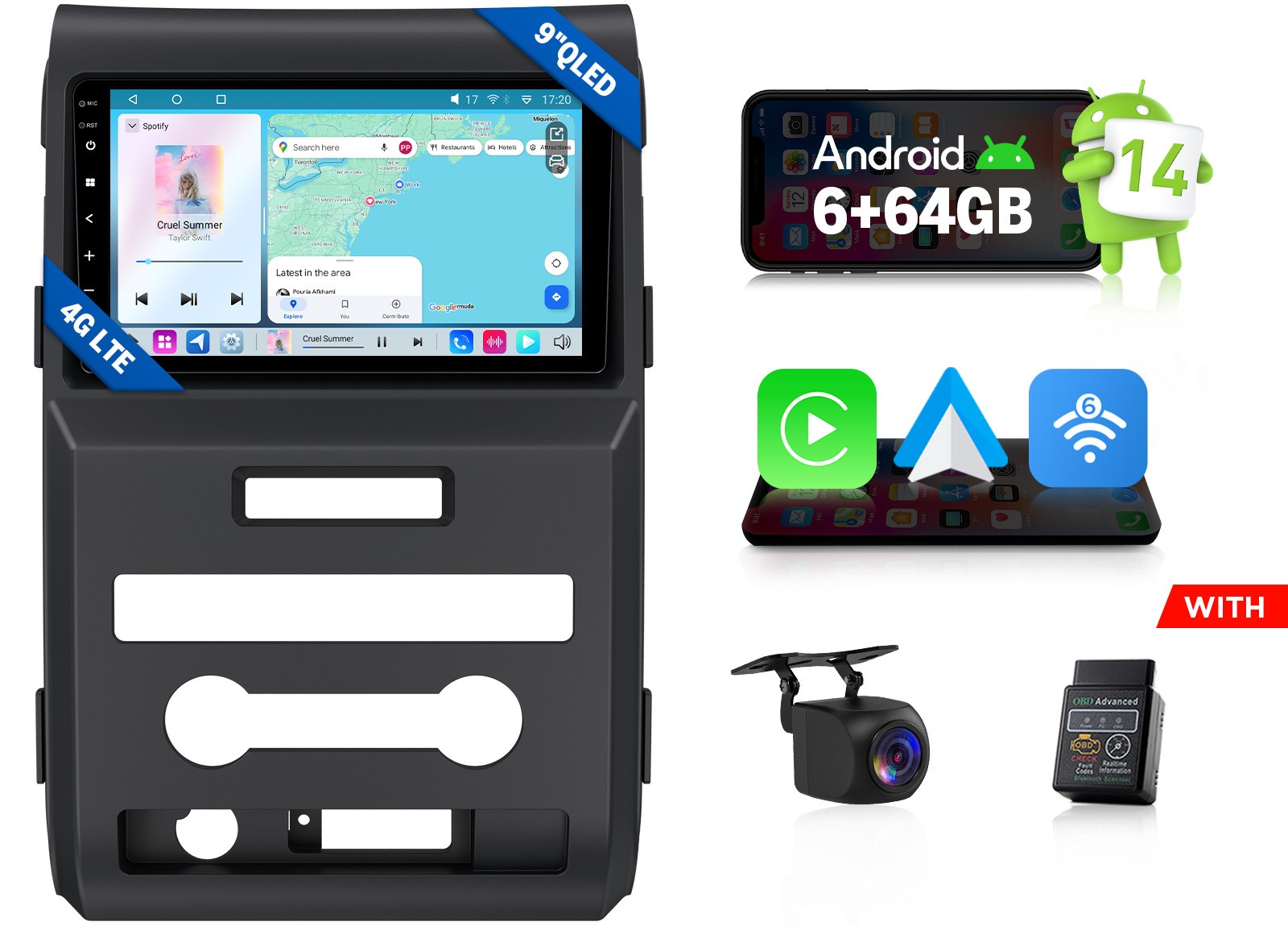 For 09-14 Ford F-150 Android Auto 9″ QLED Apple CarPlay Car Stereo Receiver 6+64