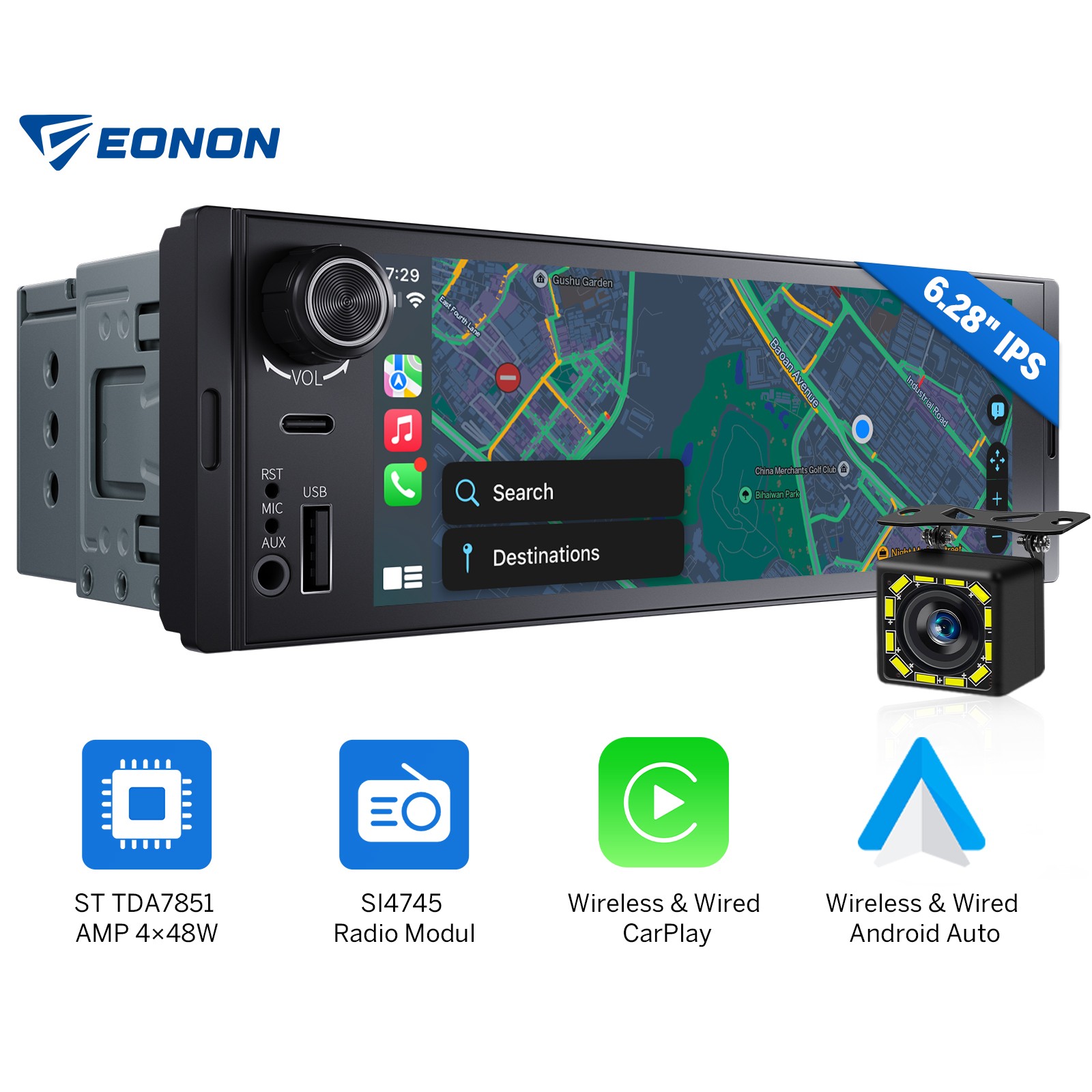 1 DIN Android Auto 6.28″ IPS Car Stereo Radio Wireless Apple CarPlay Upgrade CAM
