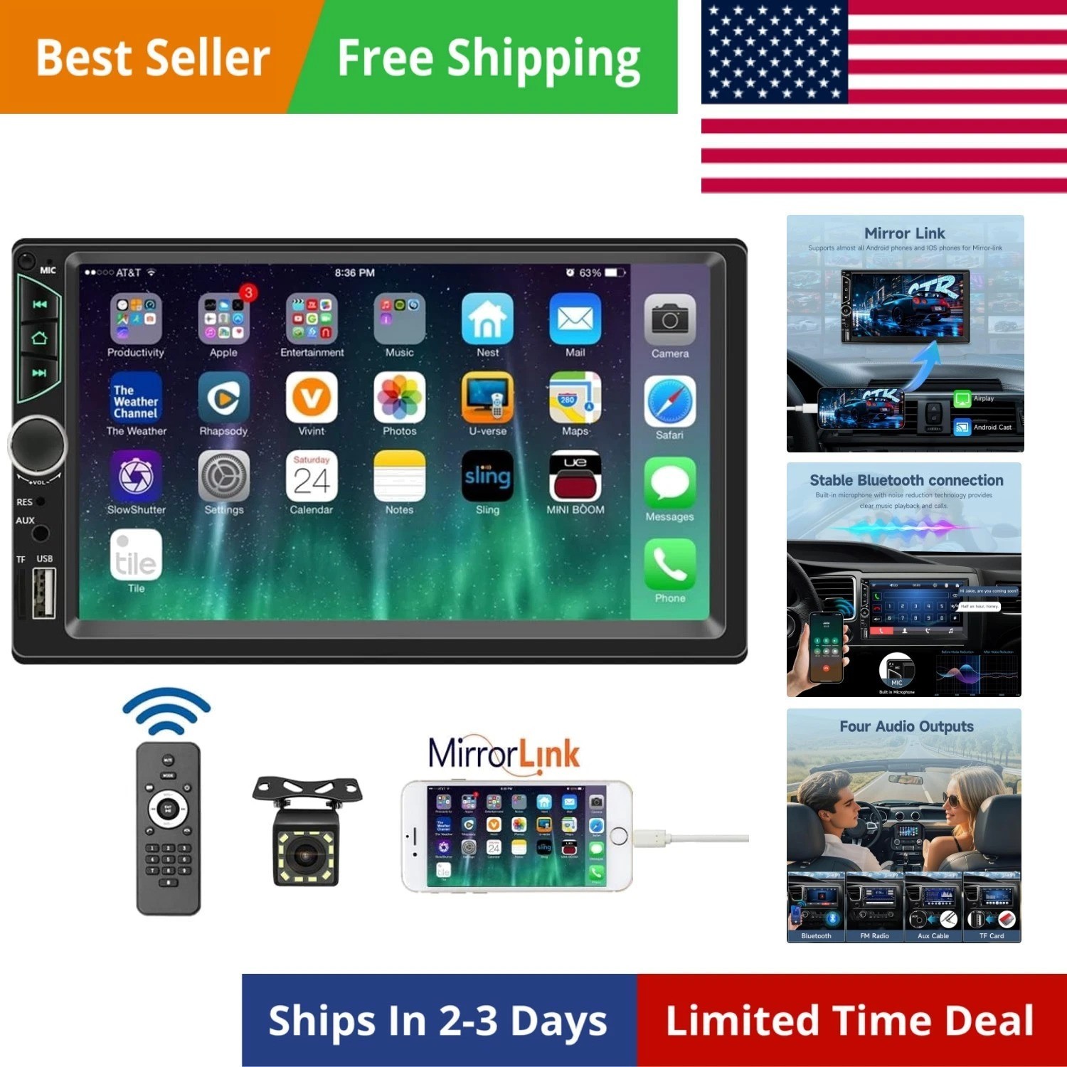 7inch Car Stereo Double Din Radio Touchscreen with Backup Camera Multimedia C…