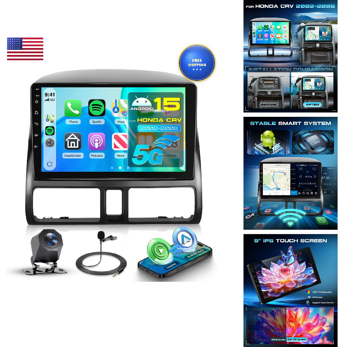 Podofo 9 Inch 5G Wifi Car Stereo For Honda Crv 2002-2006 Radio Android 15