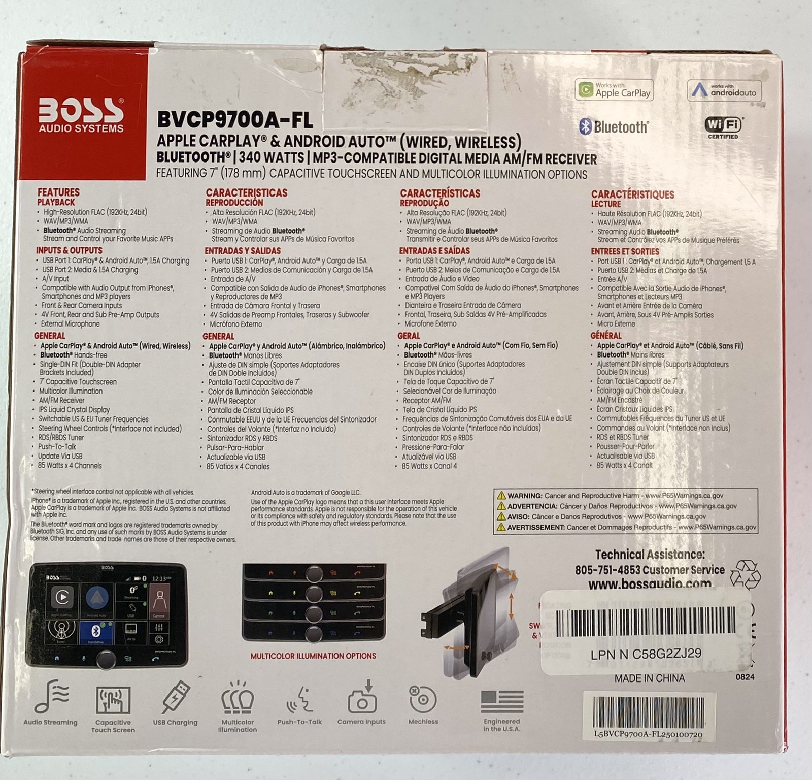 BOSS Audio Systems BVCP9700A-FL Bluetooth Android & Apple CarPlay,Am/Fm Receiver