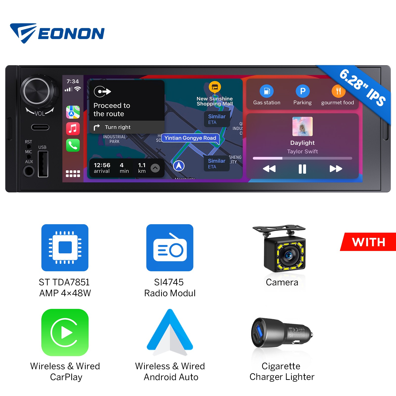 6.28″ 1 DIN Car Stereo Wireless Apple CarPlay Android Auto Multimedia Player CAM