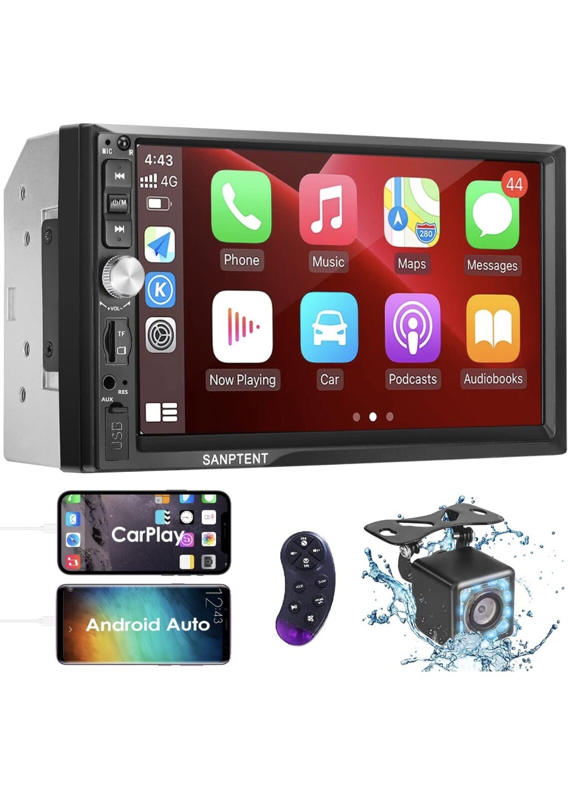 Sanptent Black 7 Inch HD Touchscreen Bluetooth FM Radio Double Din Car Stereo