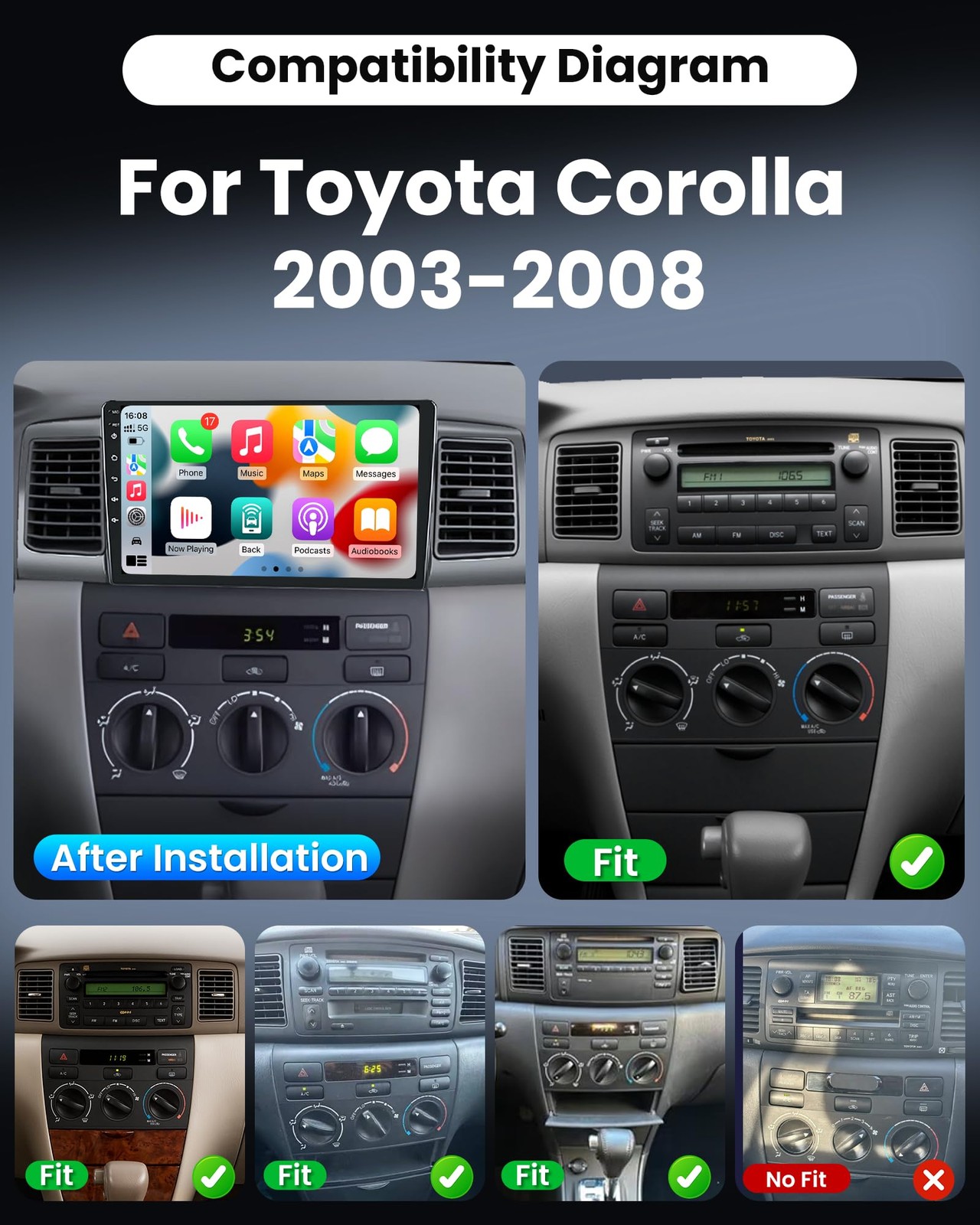 9″ Touchscreen Wireless Carplay Android Auto Stereo for 2003-2008 Toyota Corolla
