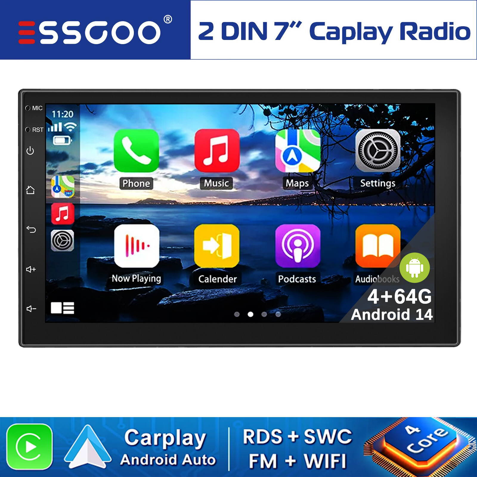 4+64GB 7″ Android 14 Double 2 Din Carplay Car Stereo Radio GPS Navi Touch Screen