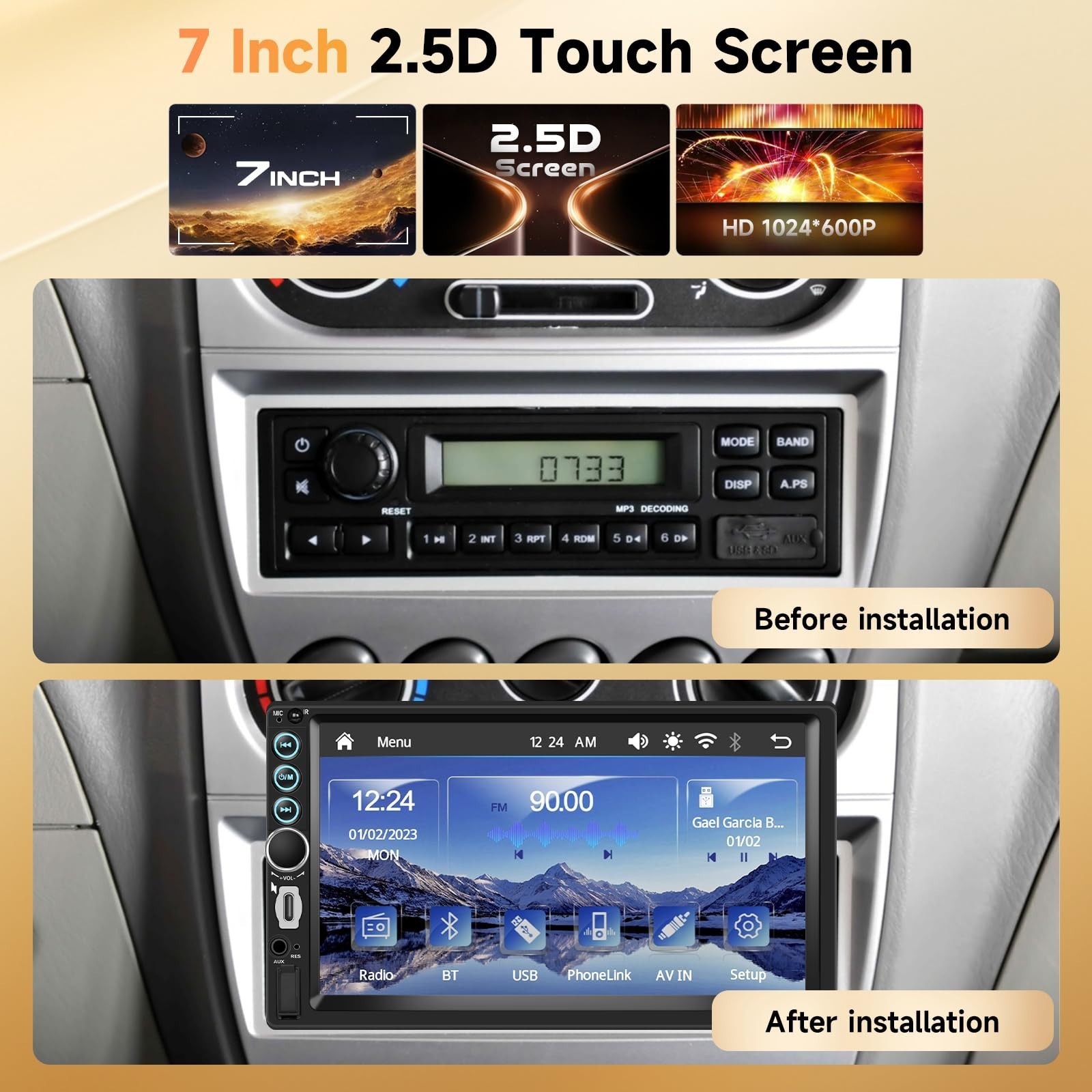 7″ Double Din Car Stereo – HD Touchscreen, Wireless CarPlay, Android Auto, Bluet