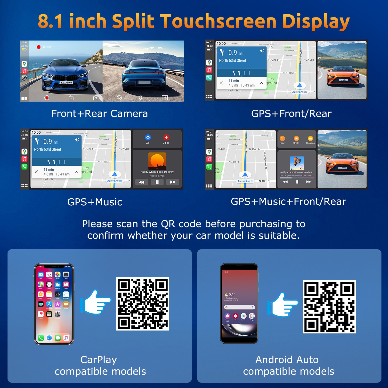2K Portable Wireless Car Stereo With Carplay Android Auto Play DVR & Backup Cam