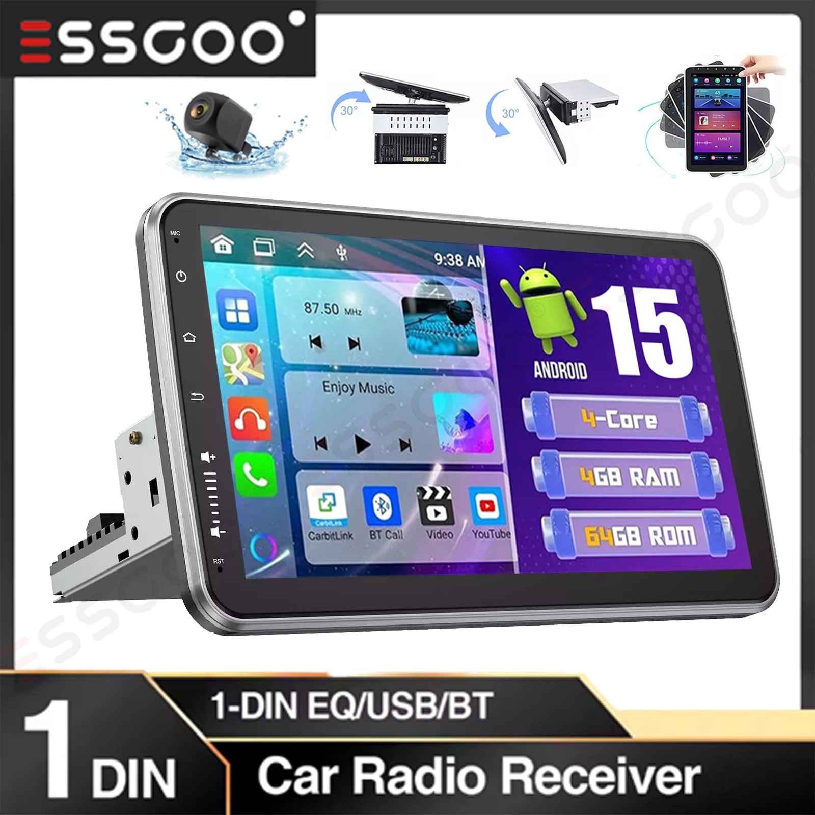 10.1″ Single 1 Din Android 15 Car Stereo Radio Carplay Rotatable 4G+64G Camera
