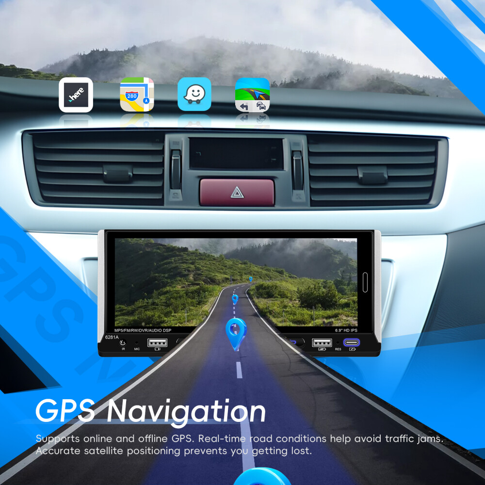 Single 1 DIN Car Radio GPS NAVI Carplay 6.9 Inch Stereo Player Android 15 2+64G