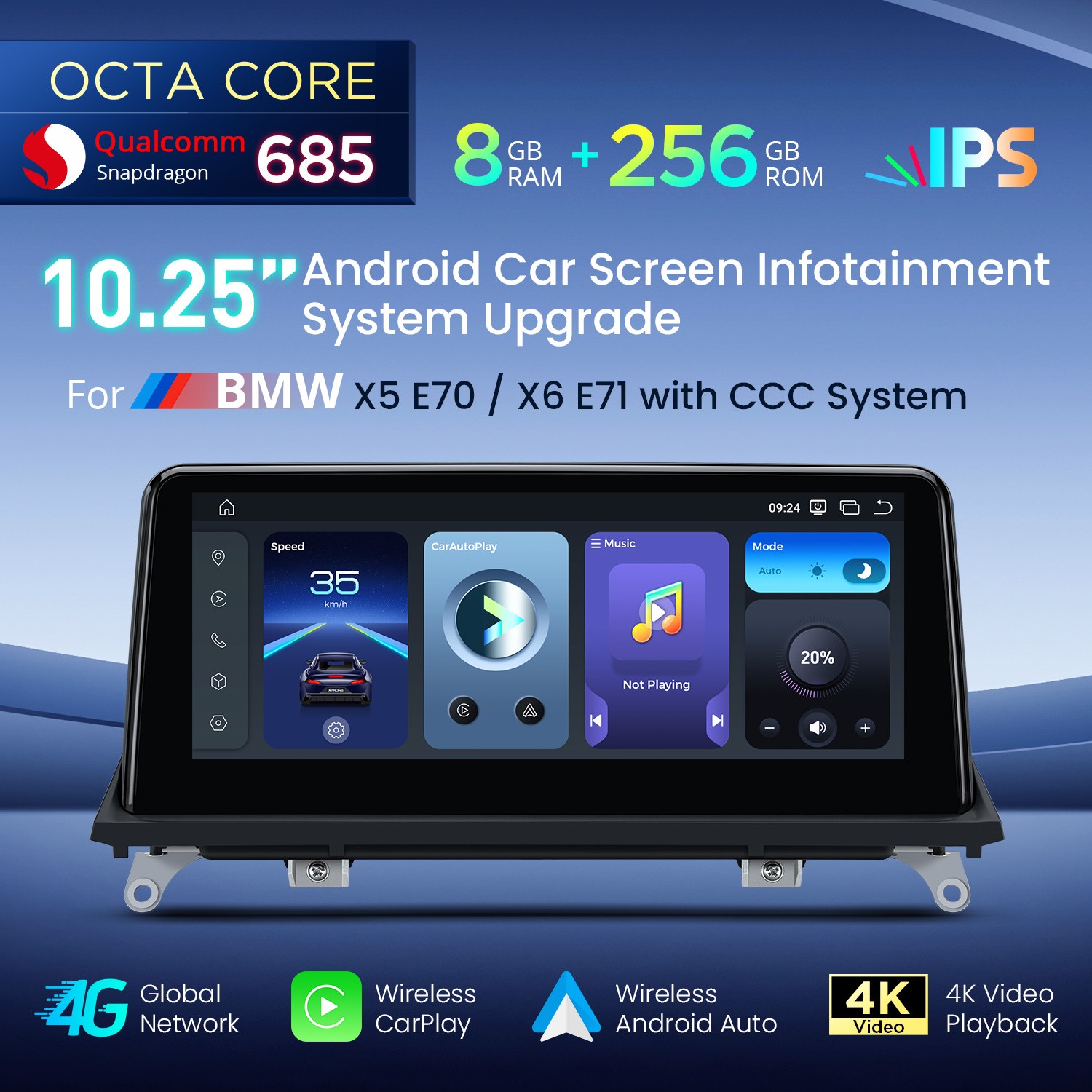 8-Core 8+256G 4G Android 14 Car Screen Retrofit Stereo For BMW X5 X6 E70 E71 CCC
