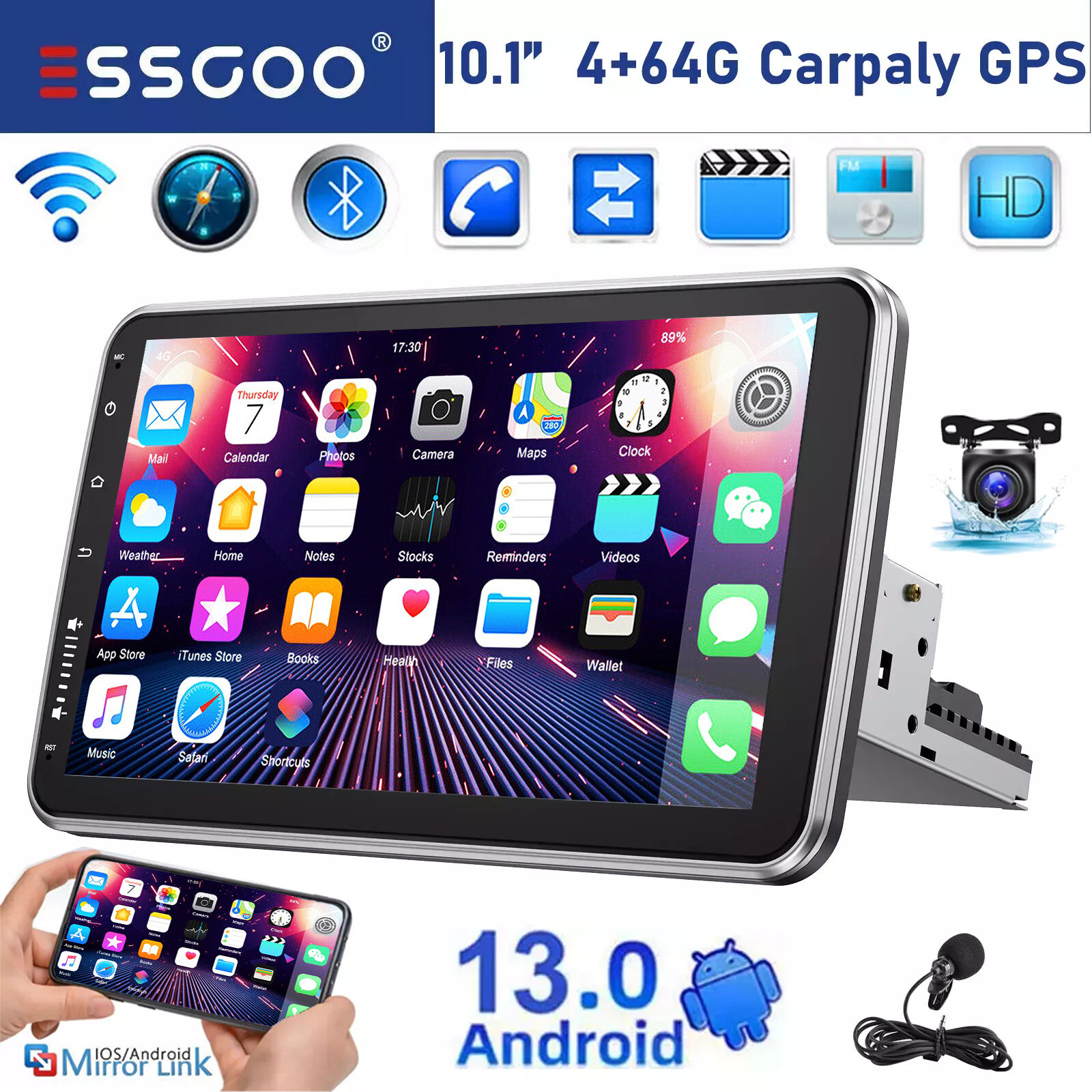 4G+64G 10” Single 1 DIN Carplay Android 13 Car Stereo Radio Rotatable GPS +CAM