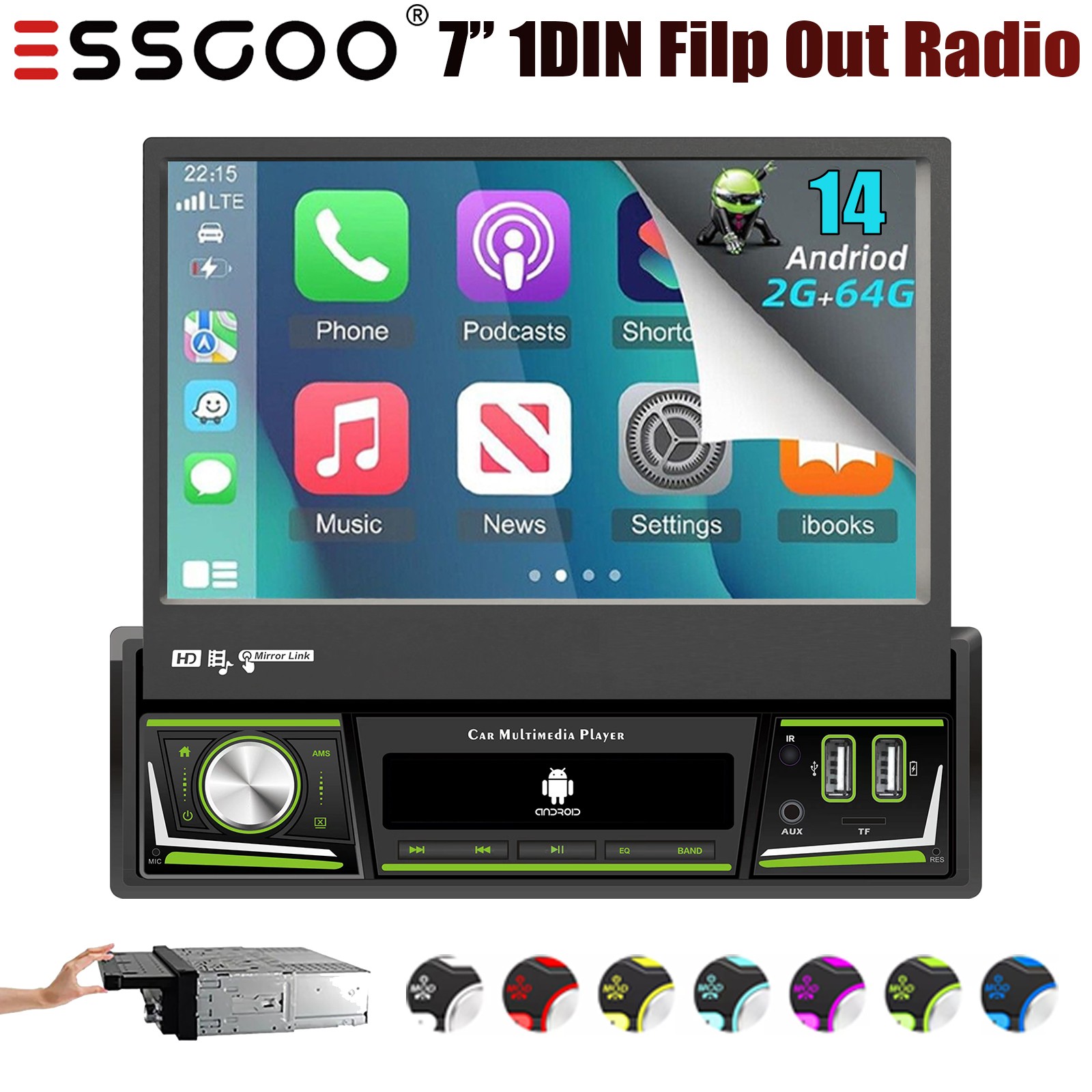 7″ Single 1DIN Car Stereo 64G Flip Out Touch Screen Radio Carplay MP5 USB GPS BT