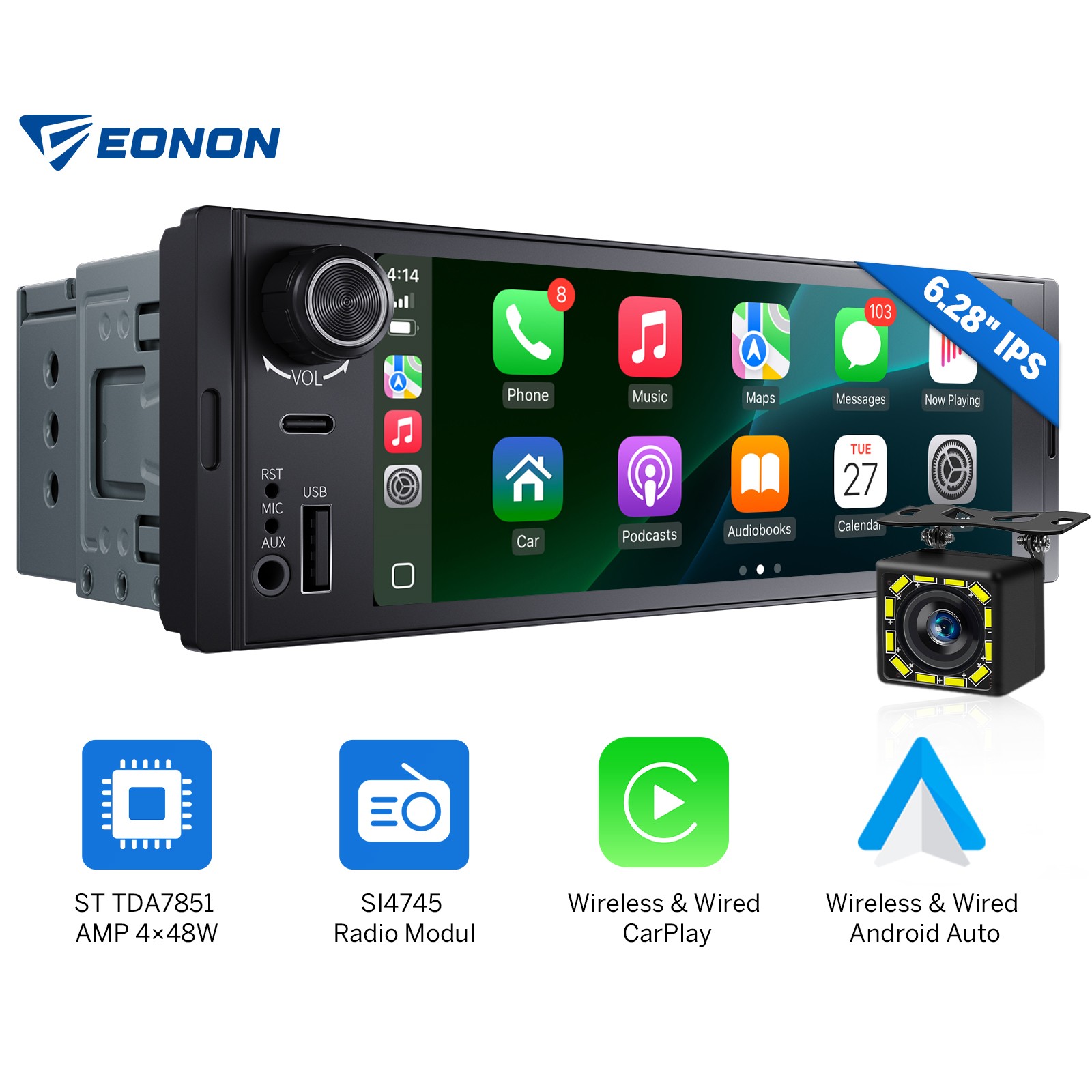 Single DIN Wireless CarPlay Android Auto Car Stereo Bluetooth 6.28″ Touchscreen