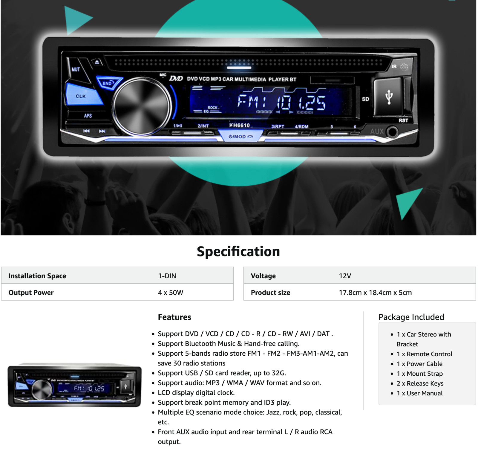 Single Din Car Stereo CDDVD Player Bluetooth FM/AM/RDS Radio USB SD AUX Receiver