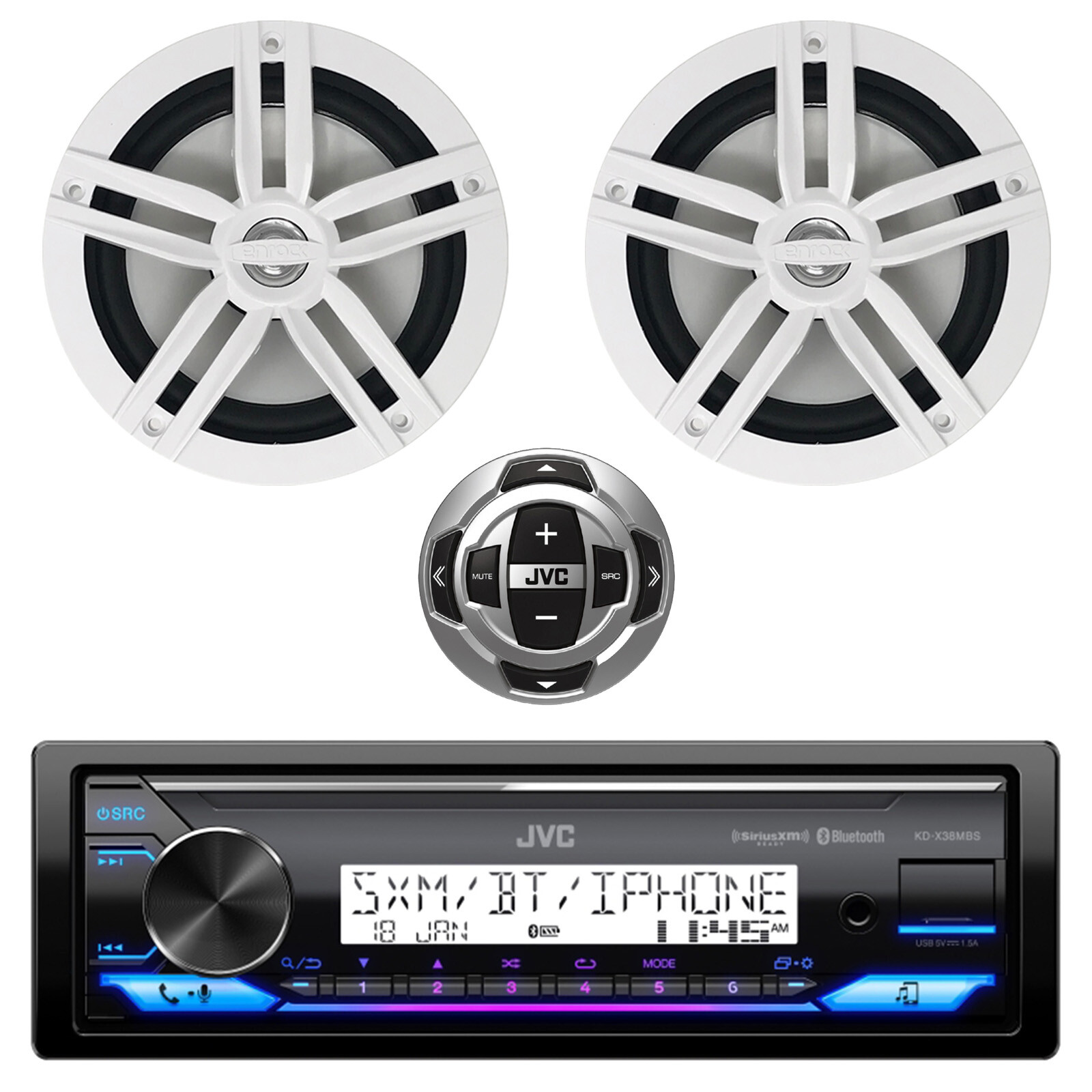 JVC Marine Bluetooth Stereo Receiver, Wired Remote, 2x 6.5″ 180W Boat Speakers