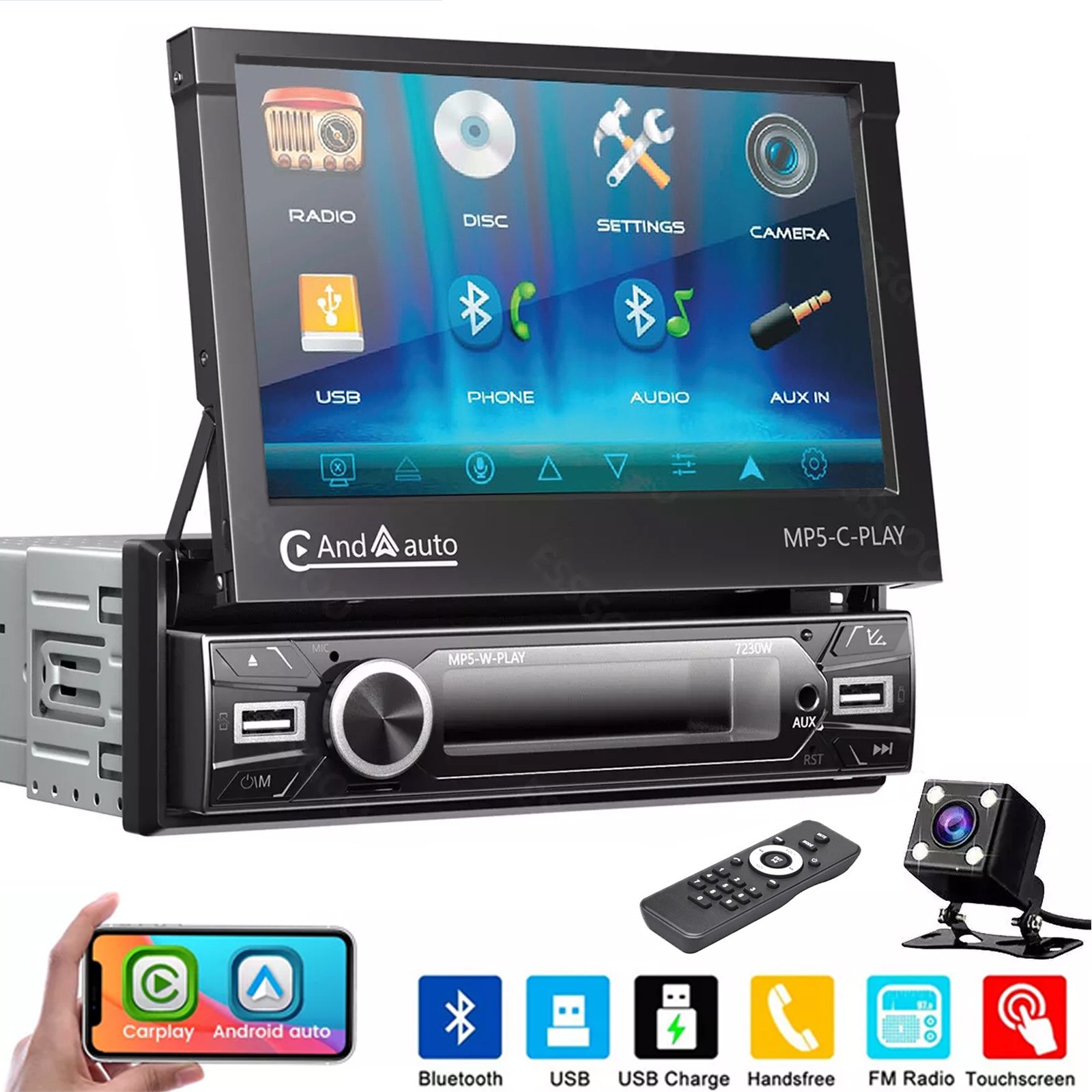 7″ Flip Out Single DIN Car Stereo Radio Apple Carplay Android Auto with Camera