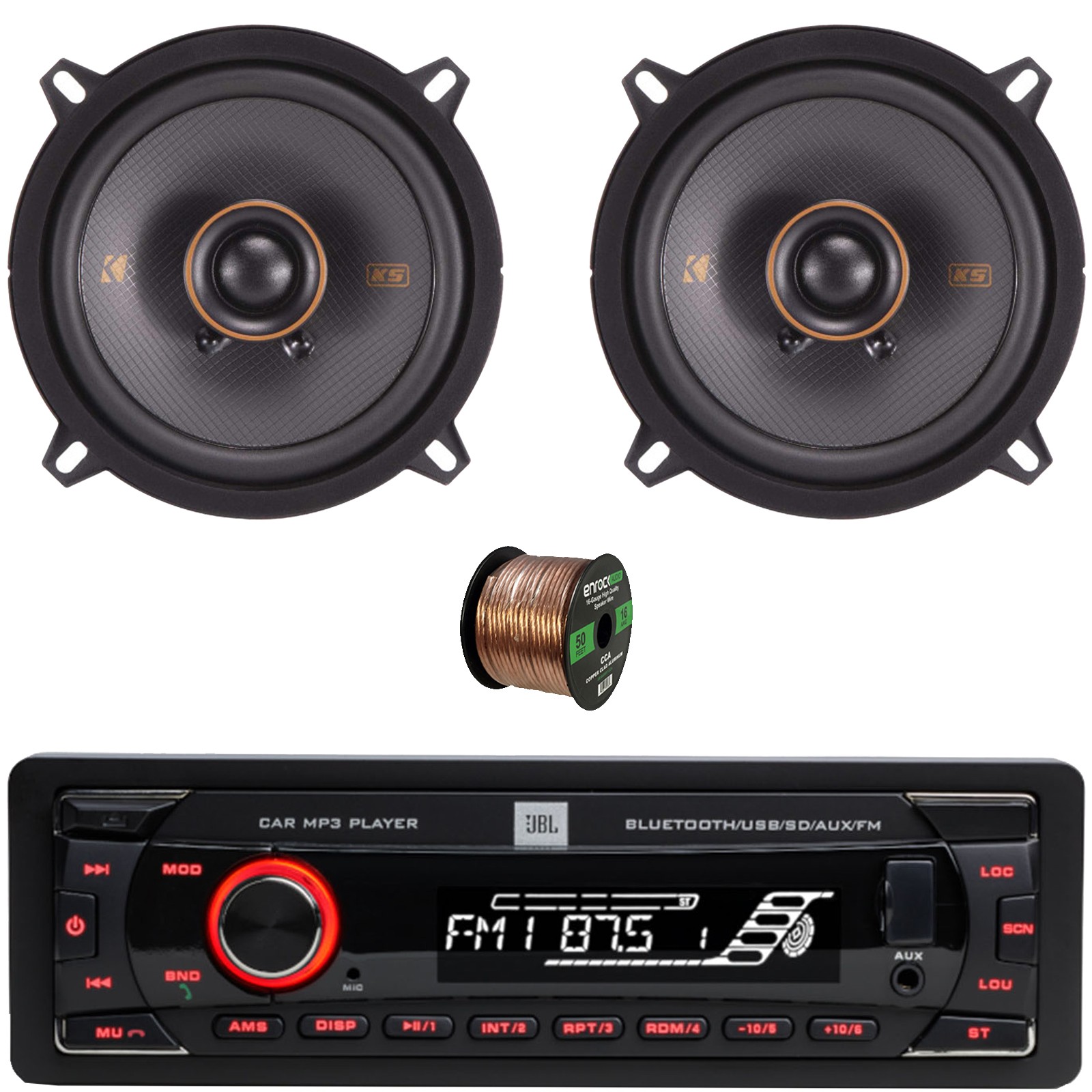 JBL 1-DIN Bluetooth FM USB/AUX Radio, 2x 5.25″ 150W 2-Way Thin-Mount Speakers