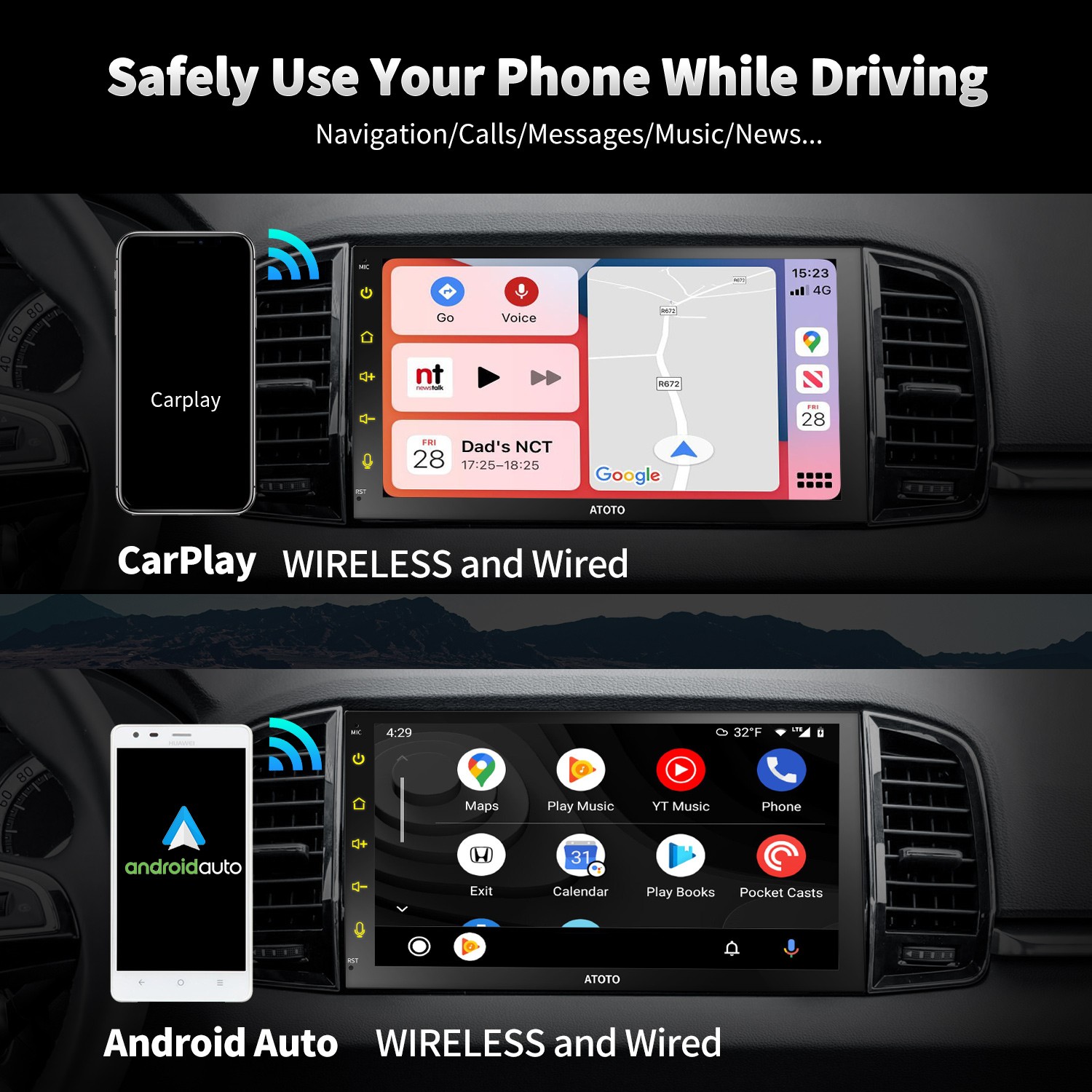 Android 7″ Car Stereo Double DIN Built-in 4G SXM GPS WiFi Wireless CarPlay 4+32G
