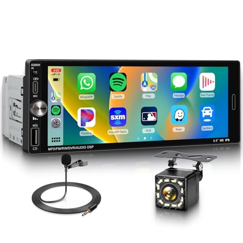 Single DIN Carplay Radio Wireless Android Auto, 6.9-Inch IPS Touchscreen Car