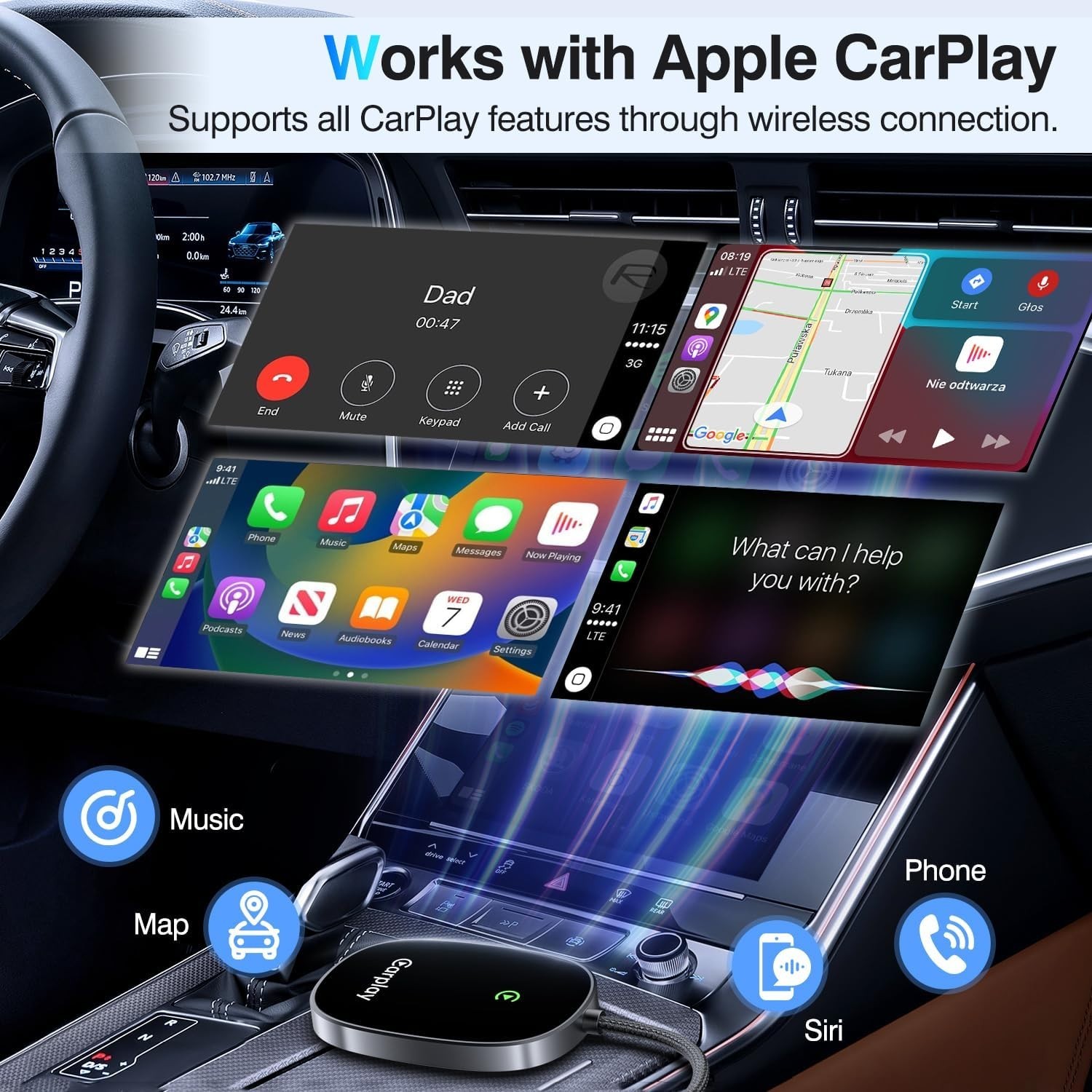 Wireless CarPlay Adapter Converts Wired CarPlay to Wireless Plug and Play