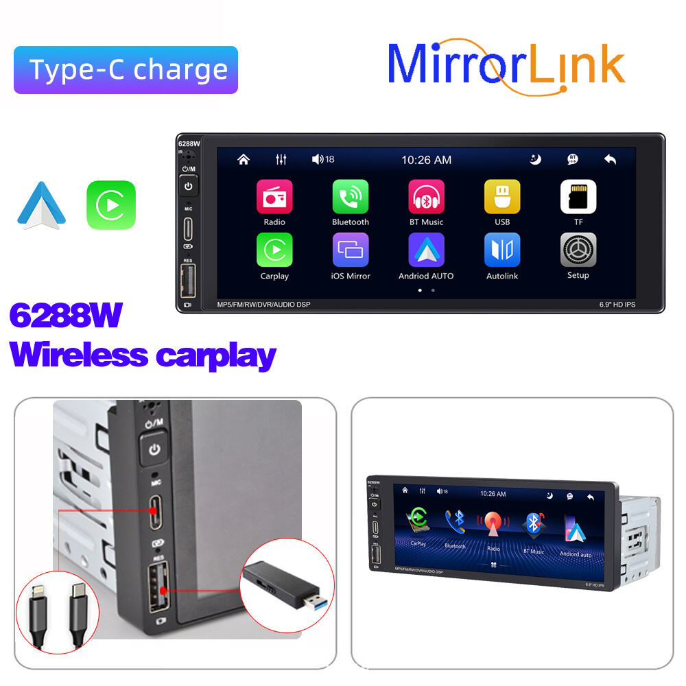 Car Radio 1 Din 6.9″ Bluetooth Wireless Carplay Android Stereo RDS Touch Screen