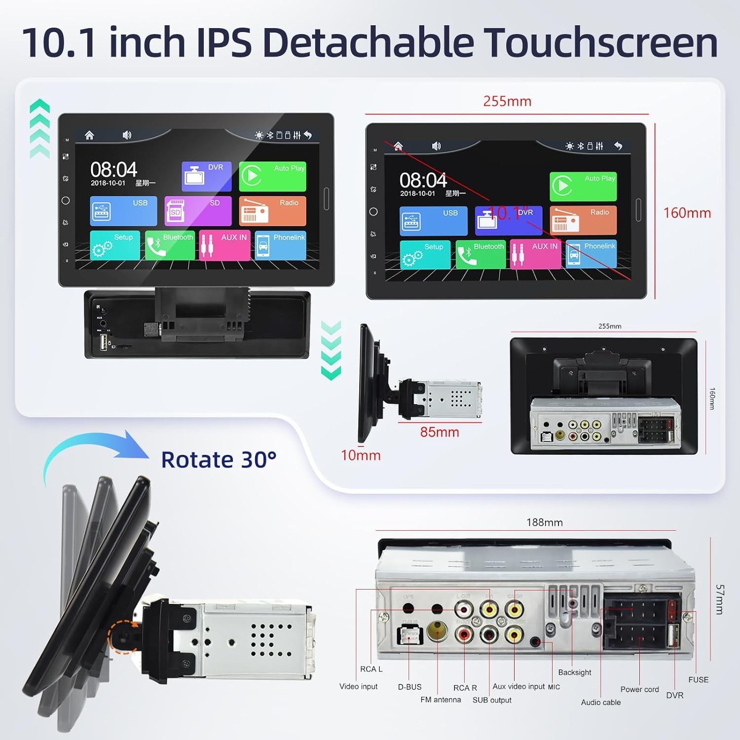 10.1″ Carplay Car Stereo Radio Single 1Din Rotatable Touch Screen Bluetooth MP5