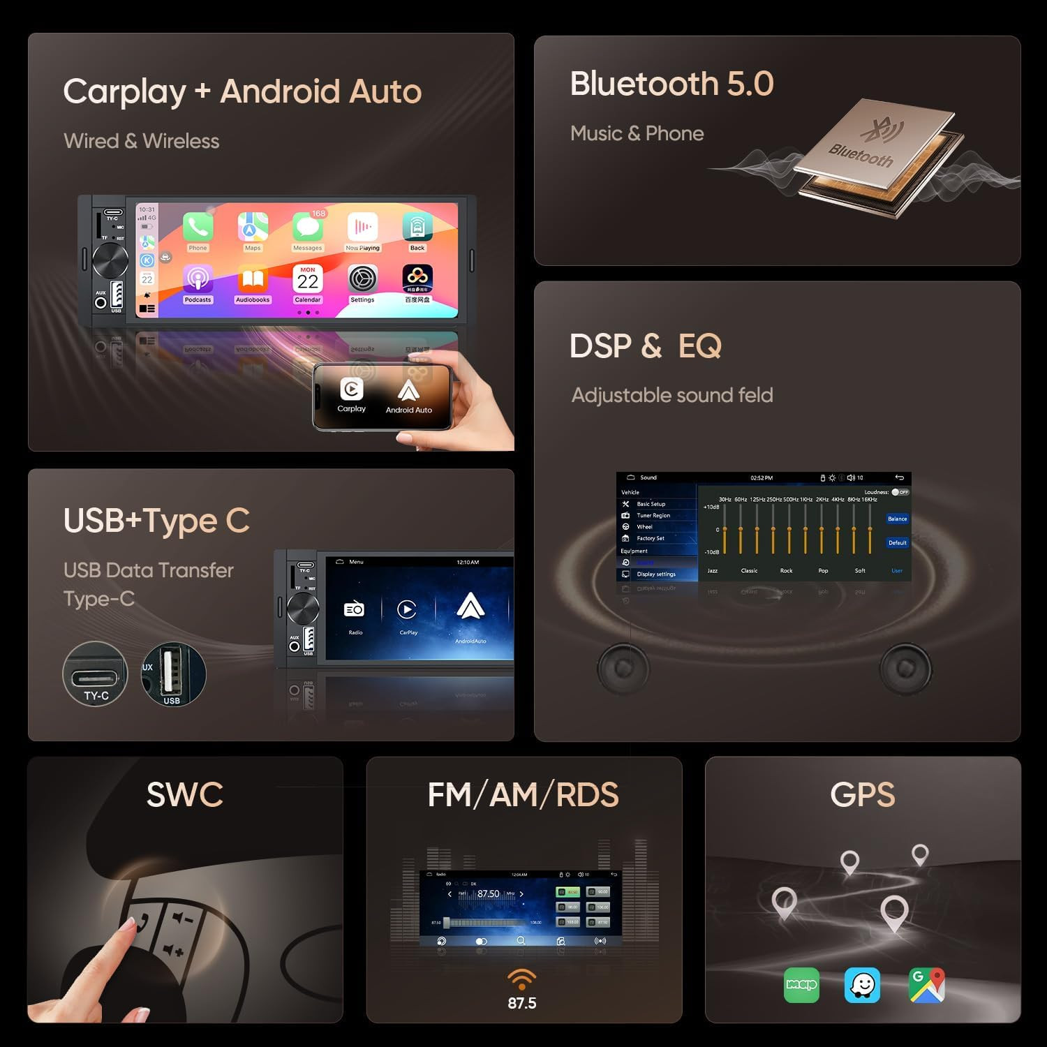 Single Din Car Stereo Radio Upgrade with Carplay & Android Auto/6.36 Inch HD Tou