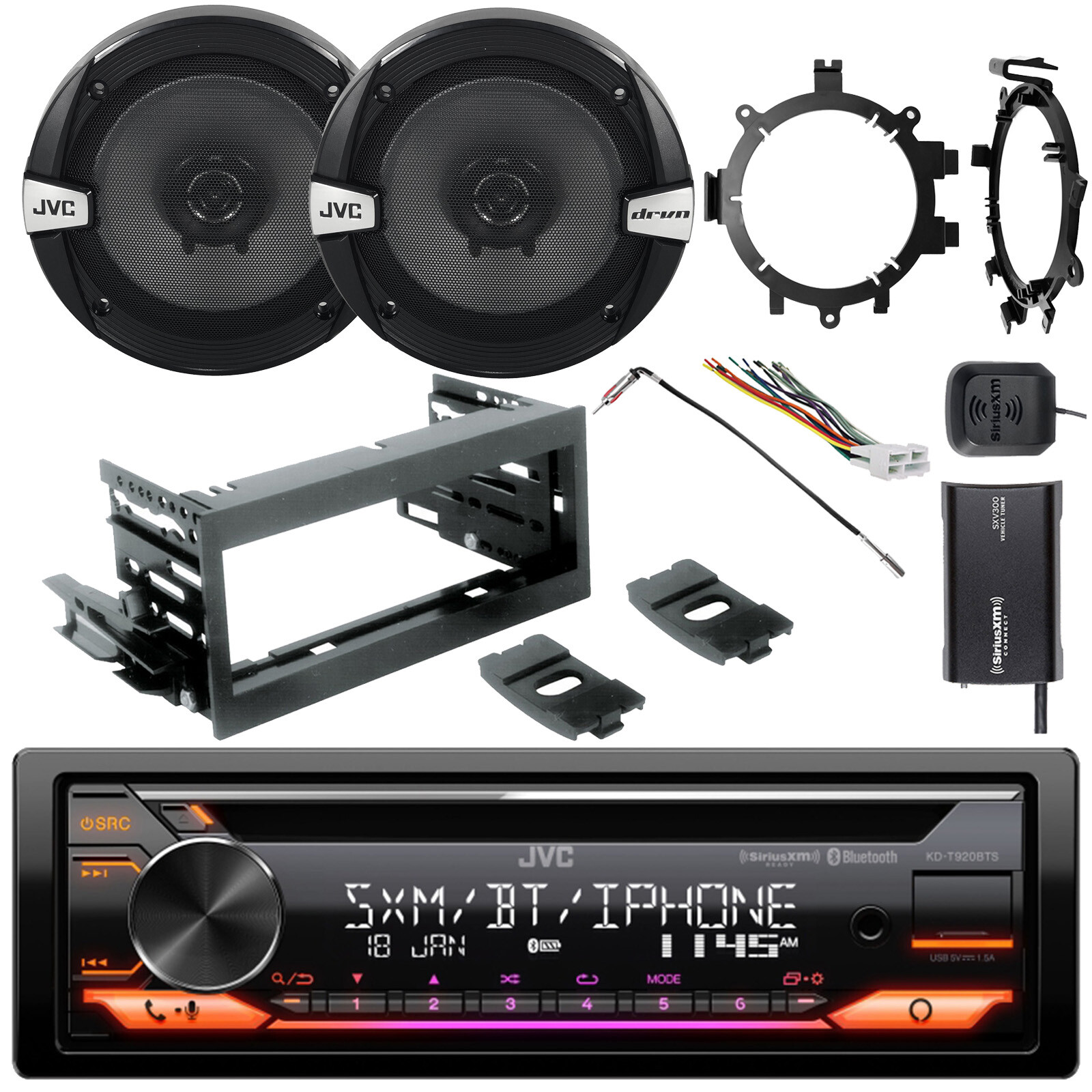 JVC Radio, XM Tuner, Harness, 2x 6.5″ Speakers, Adapter, Antenna, GM Install Kit