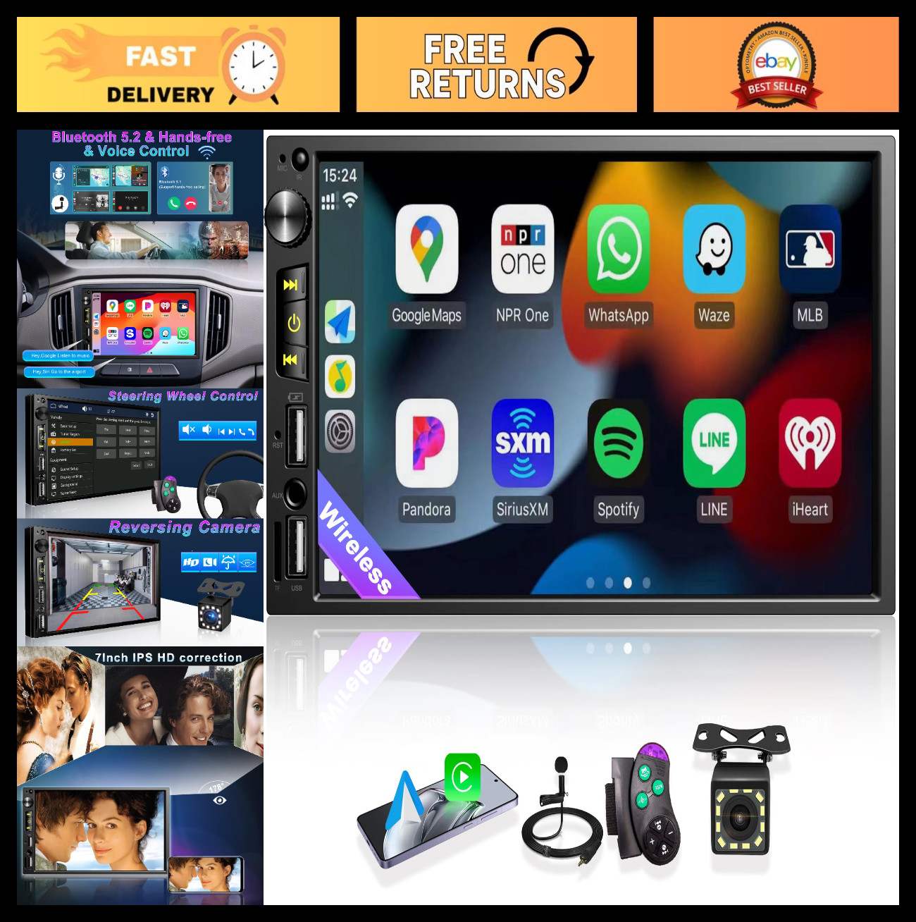 7″ Double Din Car Stereo – Wireless Apple CarPlay, Android Auto, Bluetooth 5.2,
