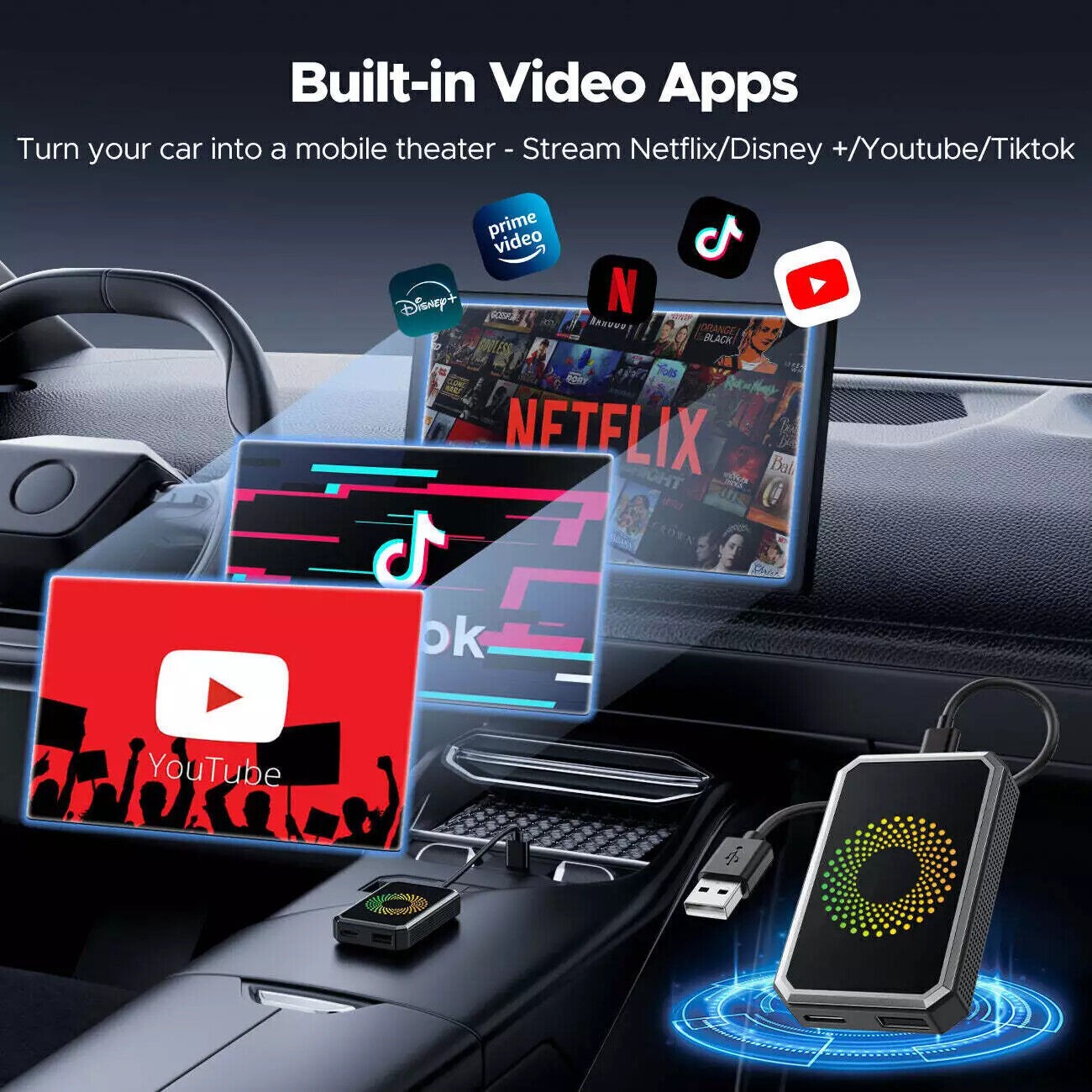 3 IN 1 Wireless CarPlay Android Auto Adapter AI Box for Car w/ Netflix YouTube