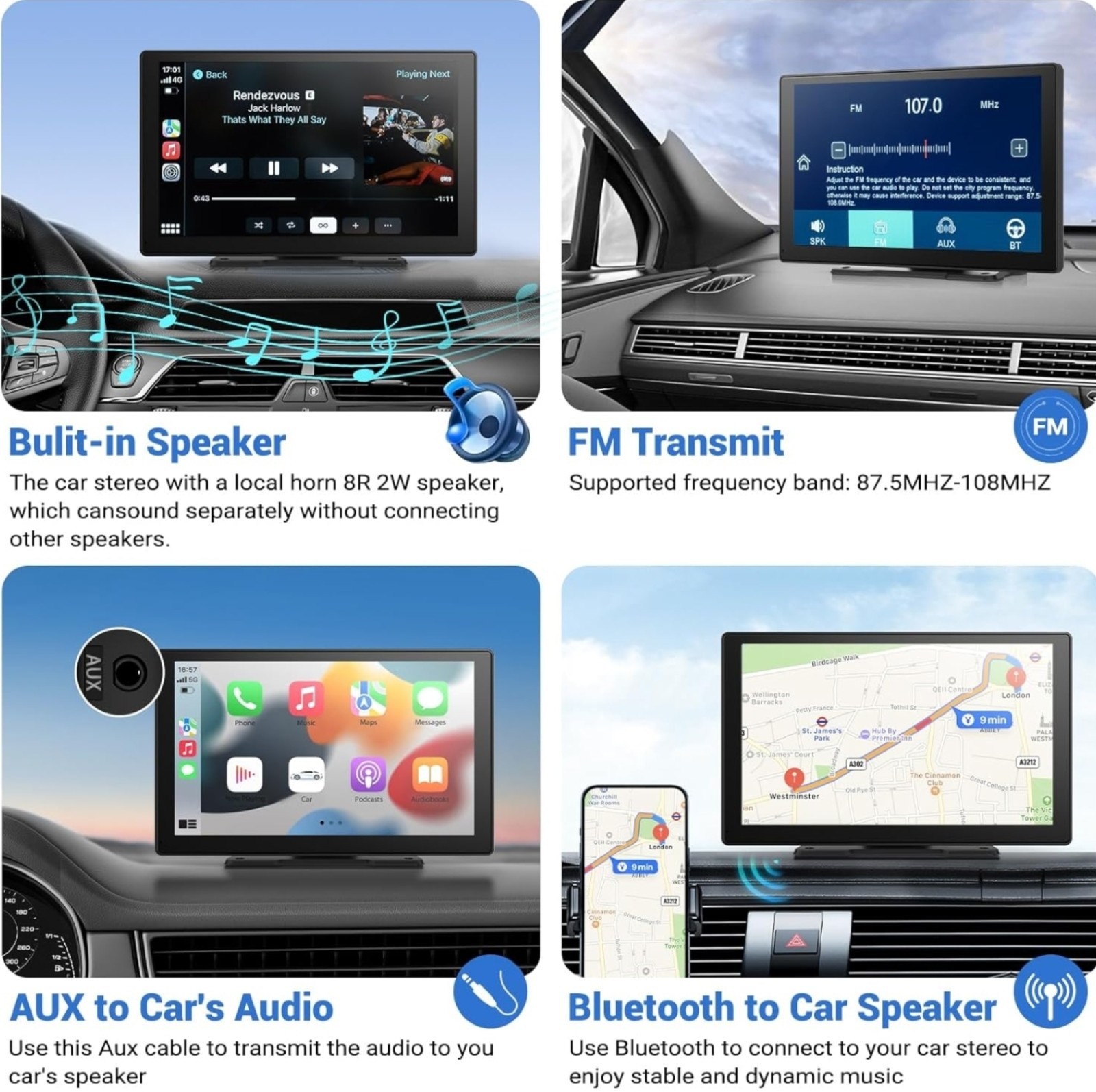 Wireless Apple Carplay Screen for Car 4K Dash Cam, 9″ Portable Apple Carplay