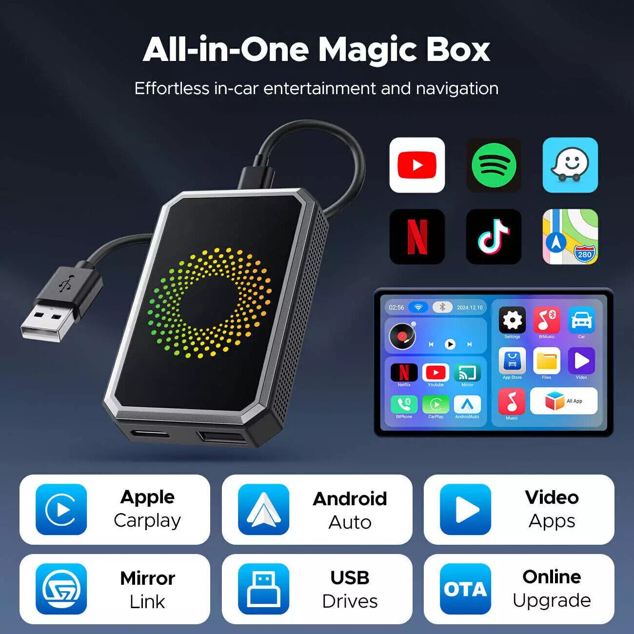 3 IN 1 Wireless CarPlay Android Auto Adapter AI Box for Car w/ Netflix YouTube