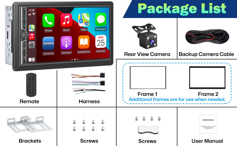7-Inch Double DIN Car Stereo with Wireless CarPlay/Android Auto Bluetooth FM/AM