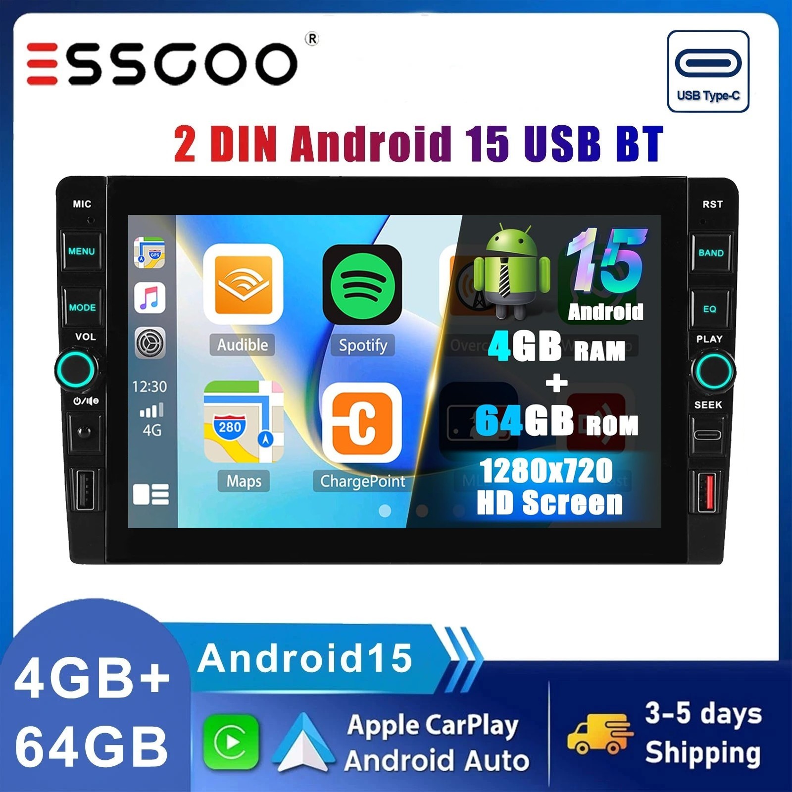 9″ Double 2 DIN Car Stereo Radio 4+64GB Apple Carplay Android 15 GPS BT FM WIFI
