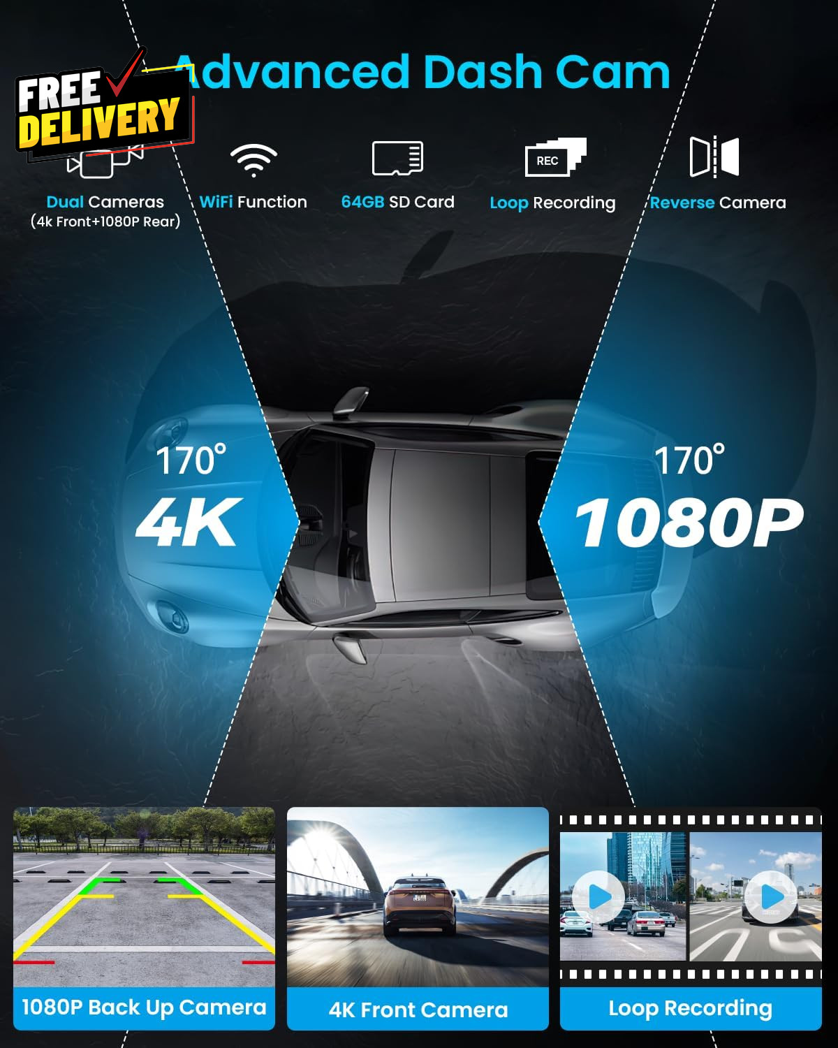10″ Portable CarPlay Screen Wireless Android Auto 4K Dash Cam Backup Camera