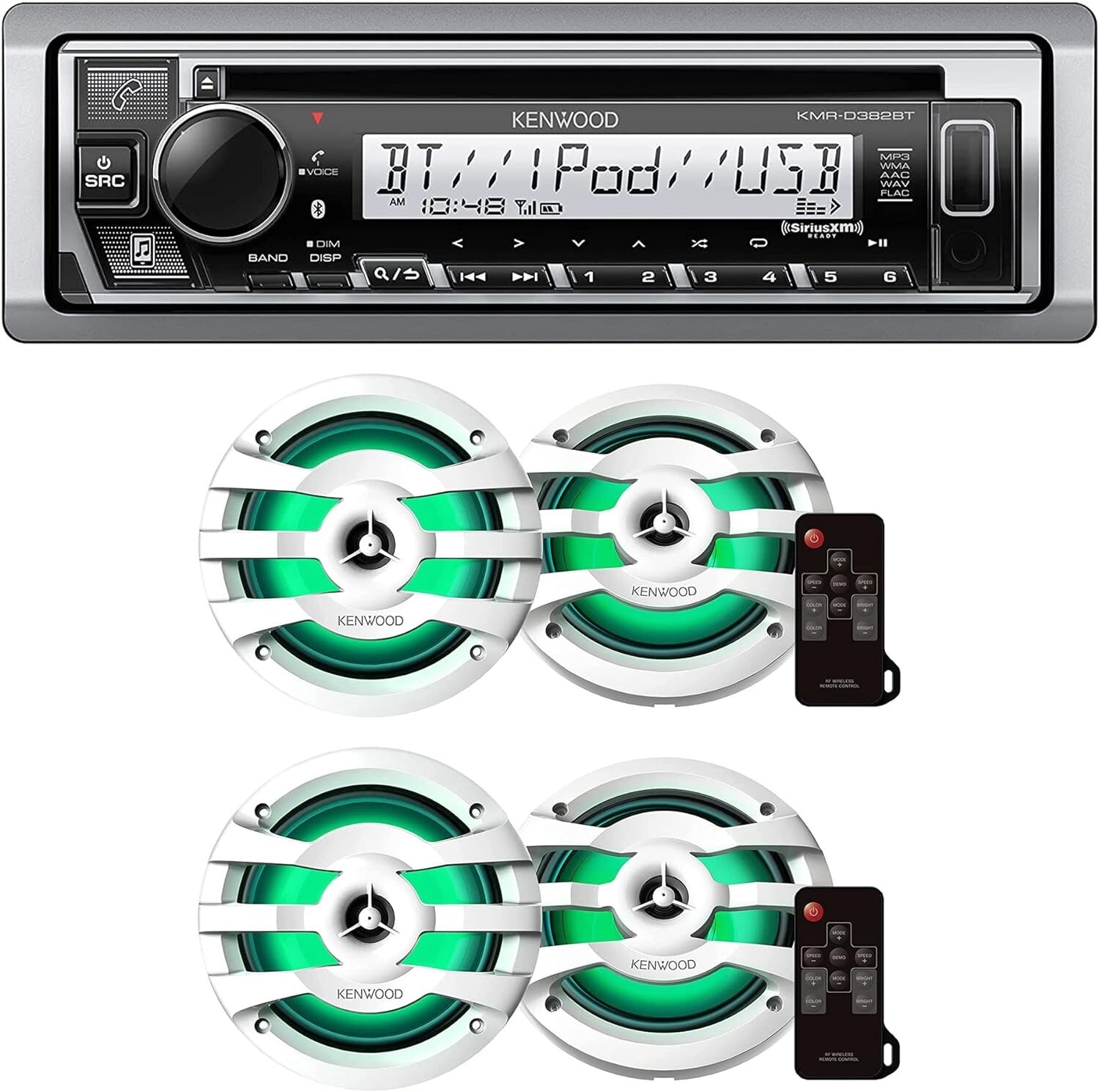 KENWOOD KMR-D382BT Marine Stereo & 2 Pairs KFC-1673MRWL 6.5″ LED Marine Speaker