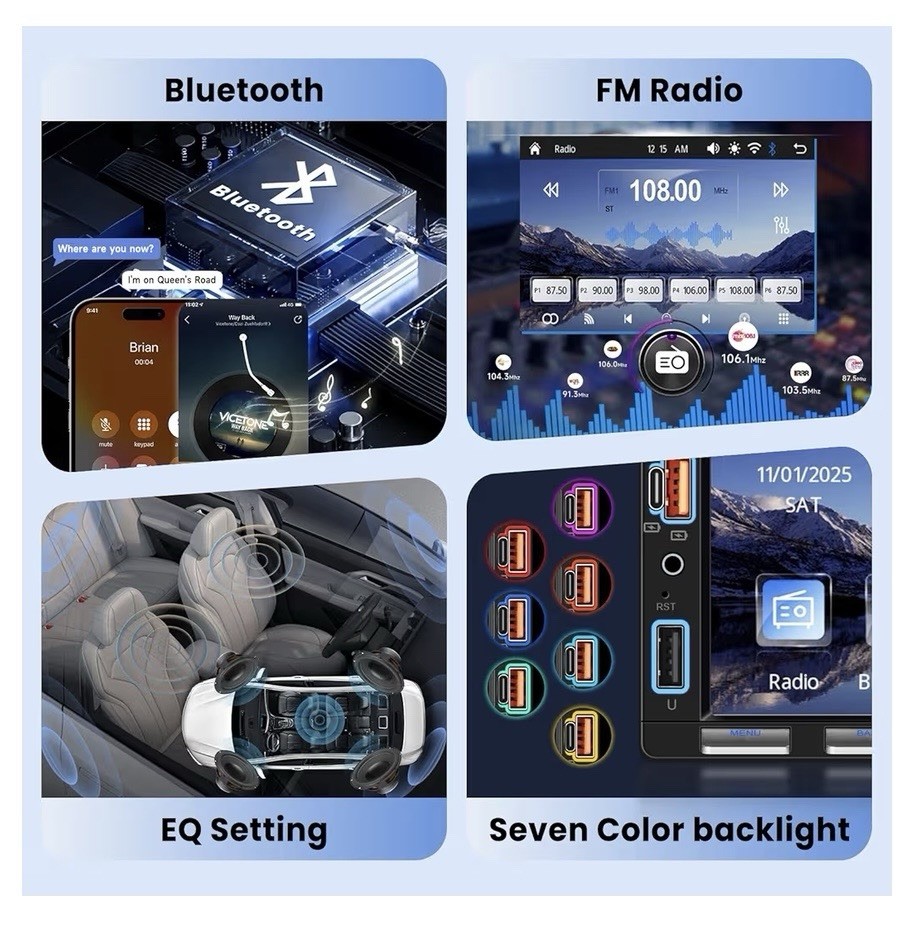 Double Din 7 Inch Car Stereo with Wireless Carplay & Android Auto Backup Camera