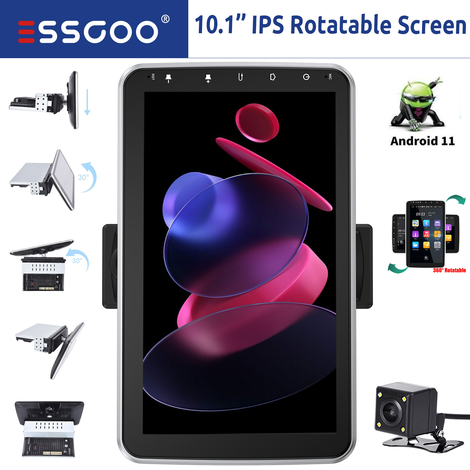 10.1 inch 1 DIN Rotatable Android 13 Touch Screen Car Stereo Radio GPS WIFI +Cam