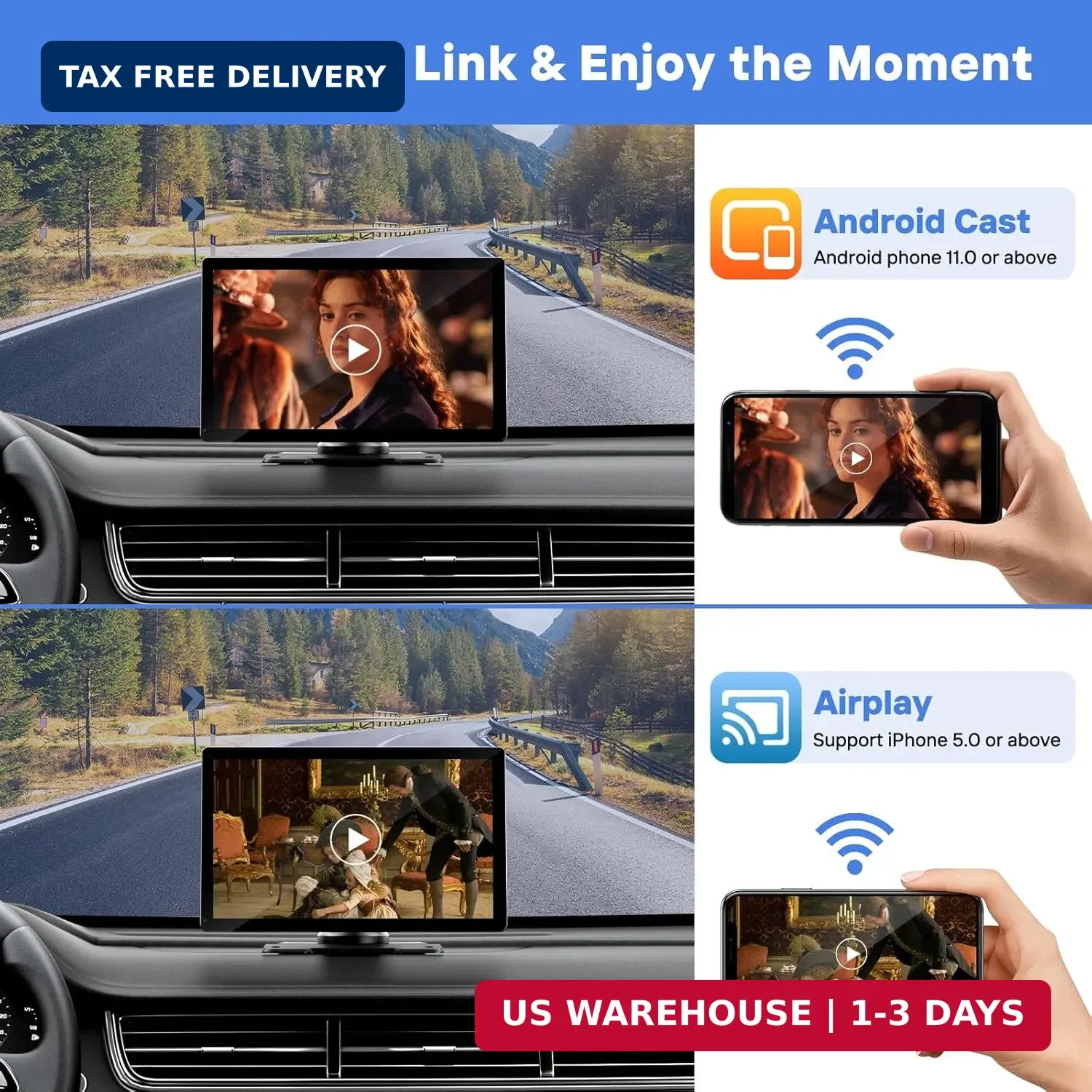 9″ Wireless Apple Carplay Screen for Car Portable Android Auto Touchscreen GPS