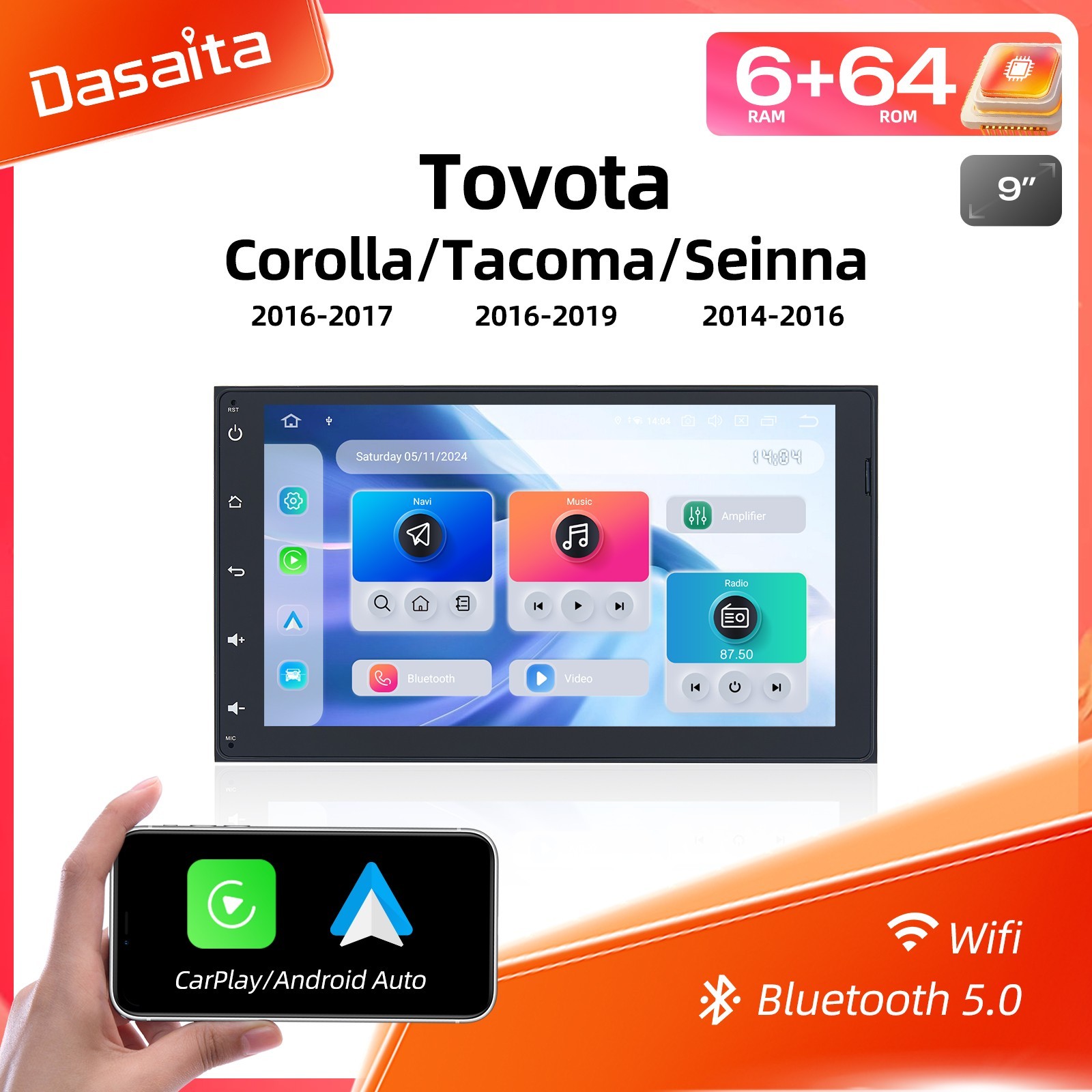 Dasaita Android 13 Car Stereo 9″ Radio Toyota Corolla/Tacoma/Sienna/Prius GPS