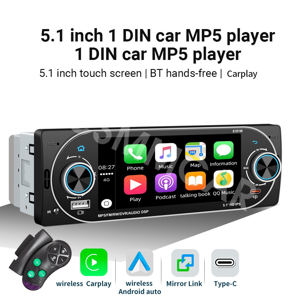 Touch Srceen Car MP5 Player FM Radio USB Type-C For Android Auto W/Free Camera
