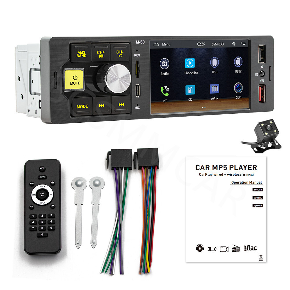 For Apple Carplay Car Radio Player 1 DIN Touch Screen Bluetooth Mirrorlink W/Cam