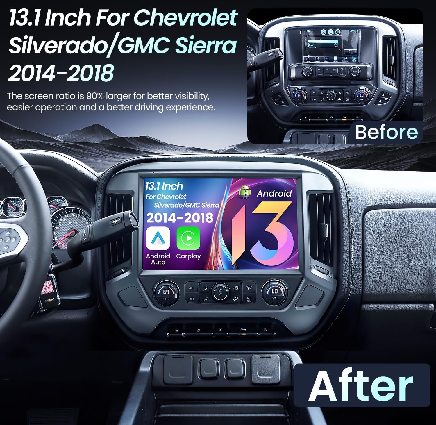 13.1” Radio Carplay Android 13 For Chevy Silverado GMC Sierra 2014-2018+Camera