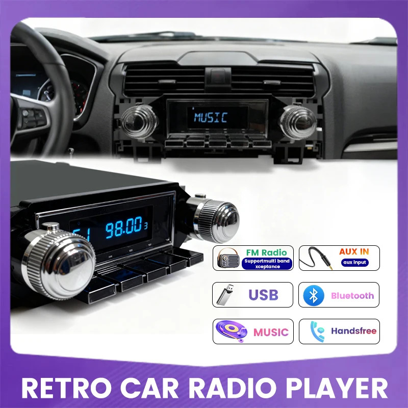 Retro Single Din Bluetooth Car Stereo Vintage Classic Radio USB AUX FM