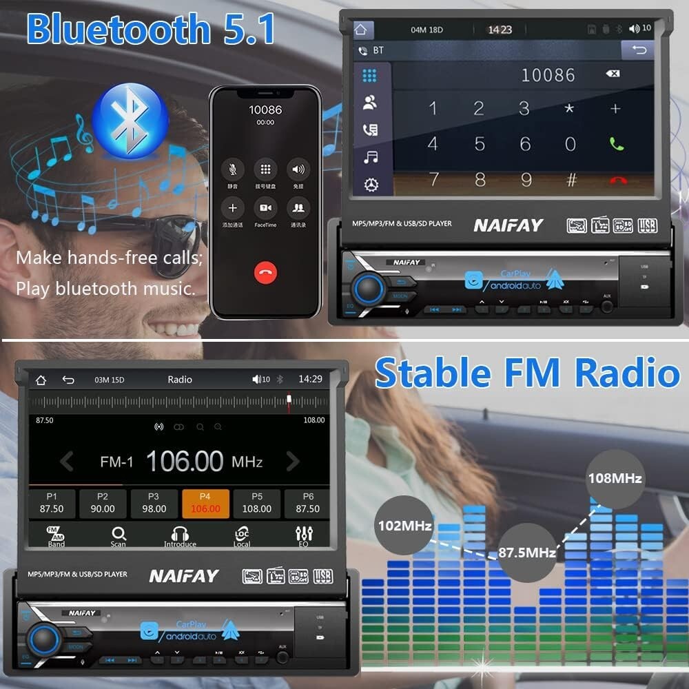 Naifay Single Din Touchscreen Car Stereo with Carplay & Android Auto, 7inch Flip