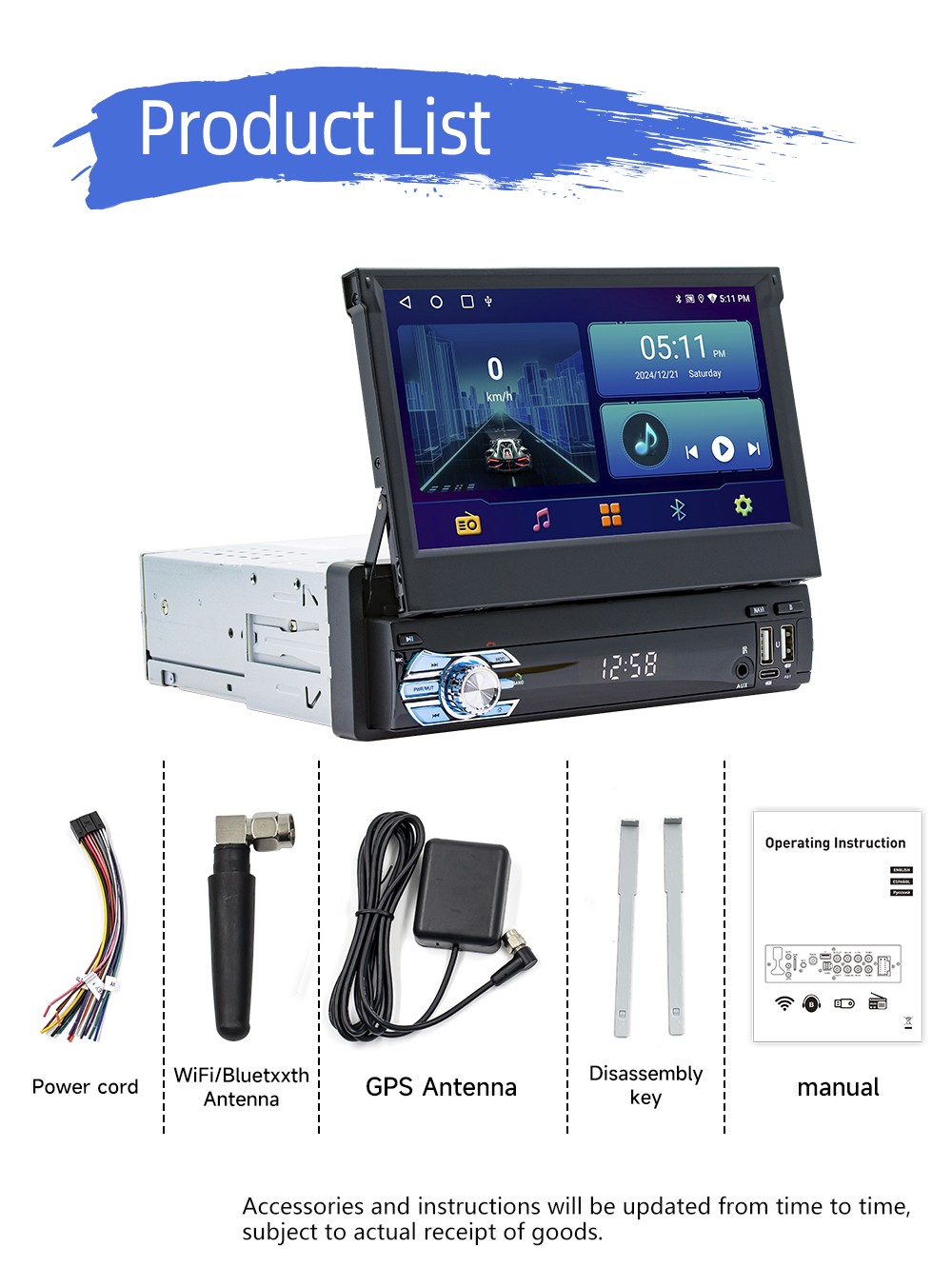 7″ 1 DIN Car Stereo Radio CarPlay Android 15 GPS NAV Flip Out Screen 4+64GB WIFI