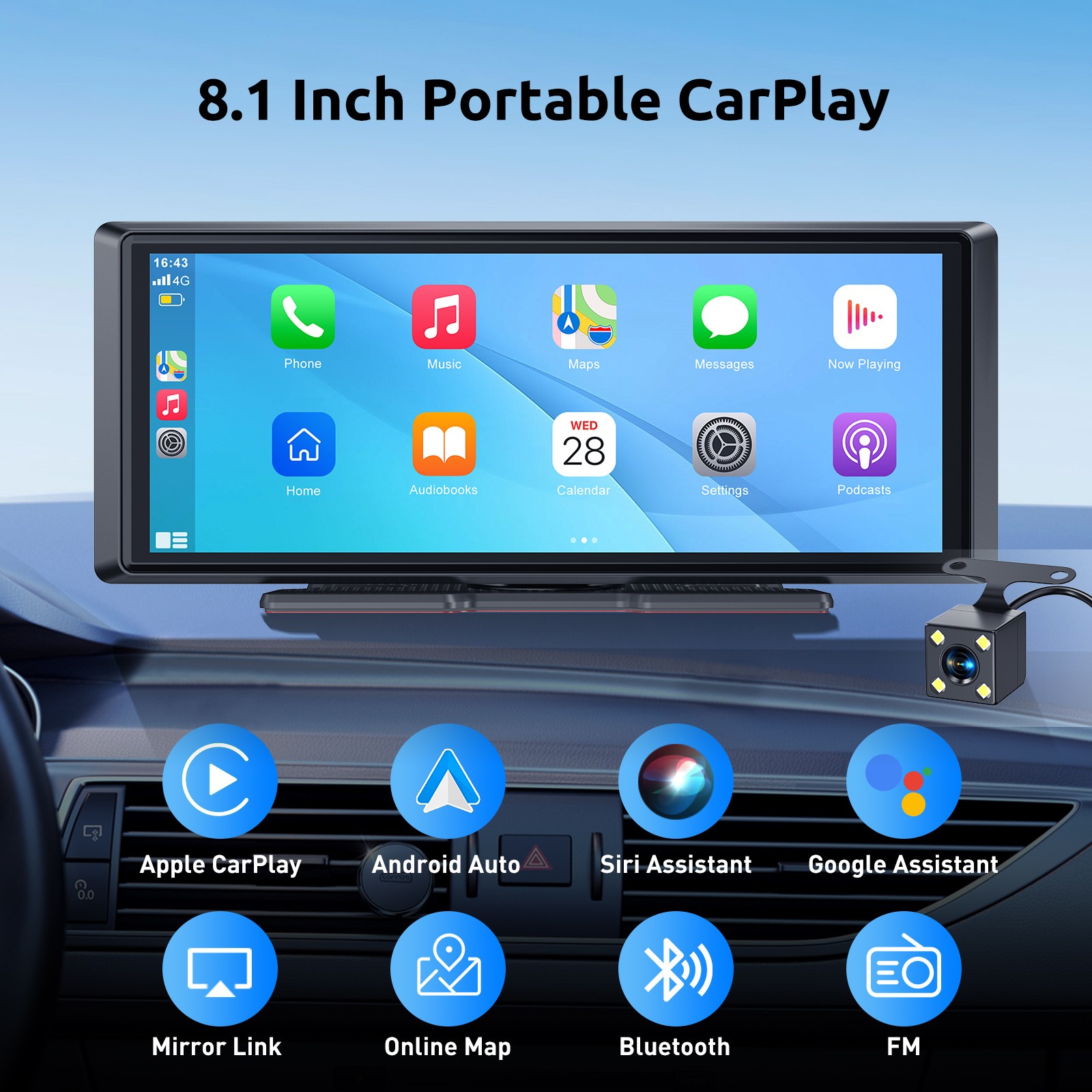8.1″ Large Screen Portable Carplay Android Auto With Cam Car Stereo SAT NAV BT