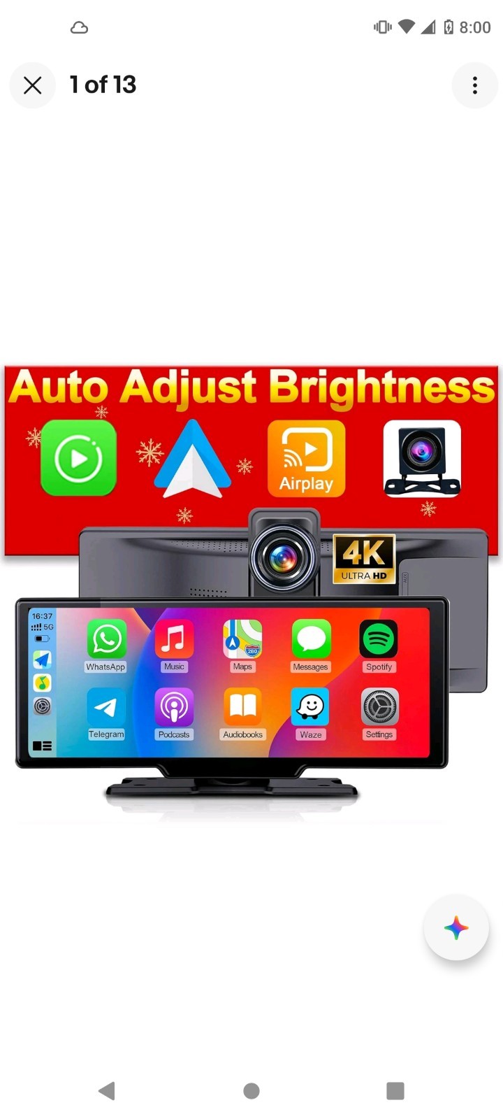 Portable 9.3-Inch Wireless Apple Carplay Screen for Car with Auto Brightness, 4K