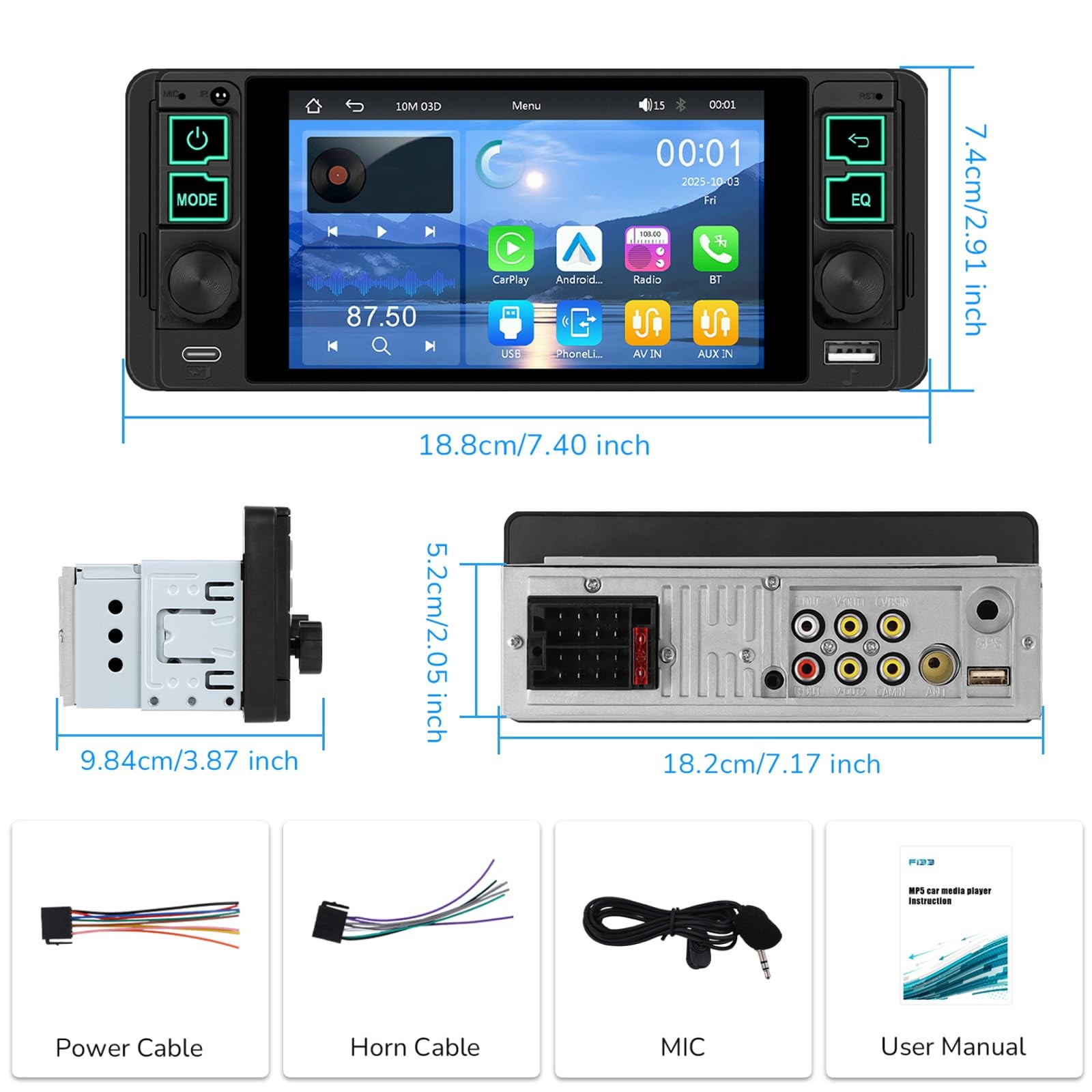 Single Din Radio Car Stereo with Wireless and Wired CarPlay & Android Auto…
