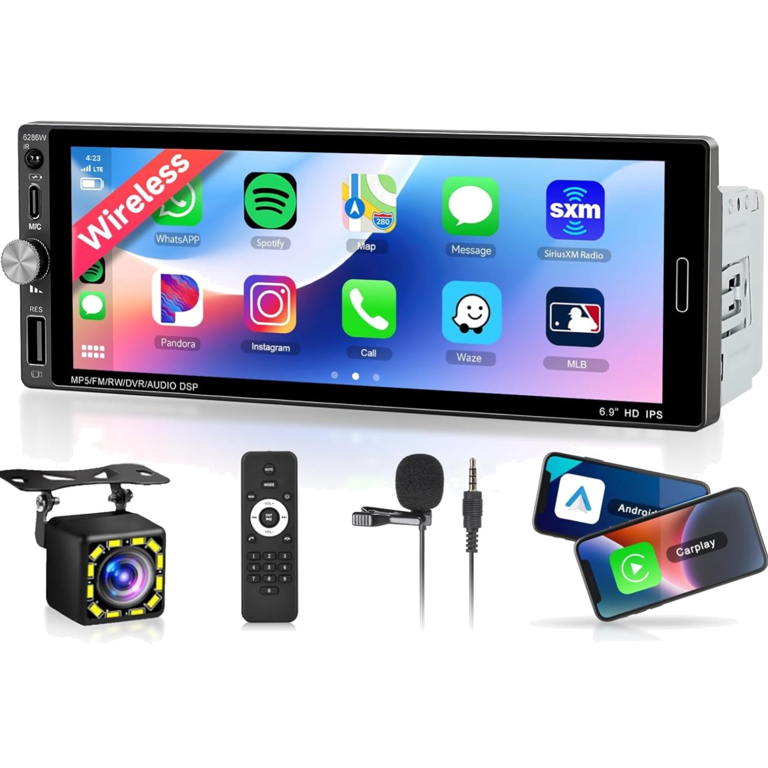 Single Din Car Stereo Wireless Carplay Android Auto Bluetooth 5.2 Touch Screen